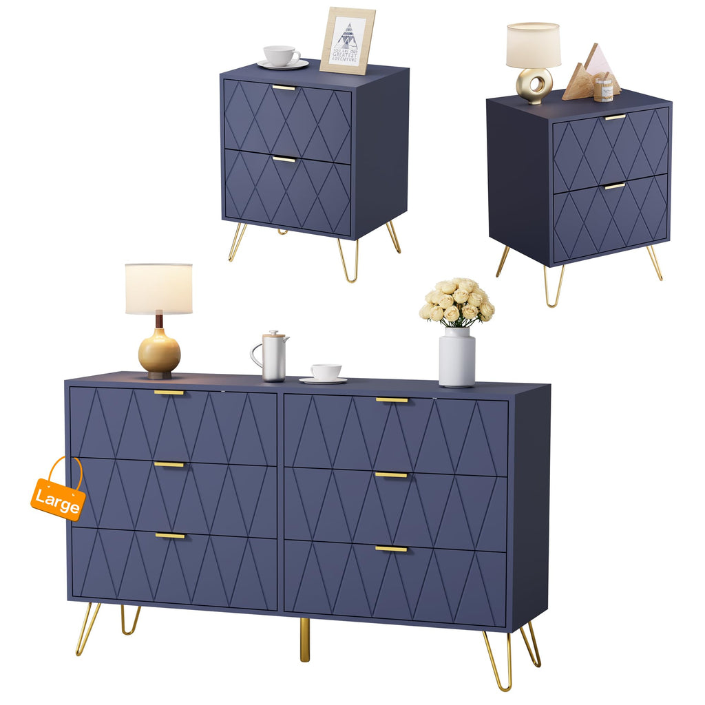 Anbuy Bedroom Sets 3 Piece Black 6 Drawer Dresser and Night Stand Sets for Bedroom, Two Drawers Nightstand Set of 2 & 6 Drawer Dresser Combo 3 Pieces (Black)