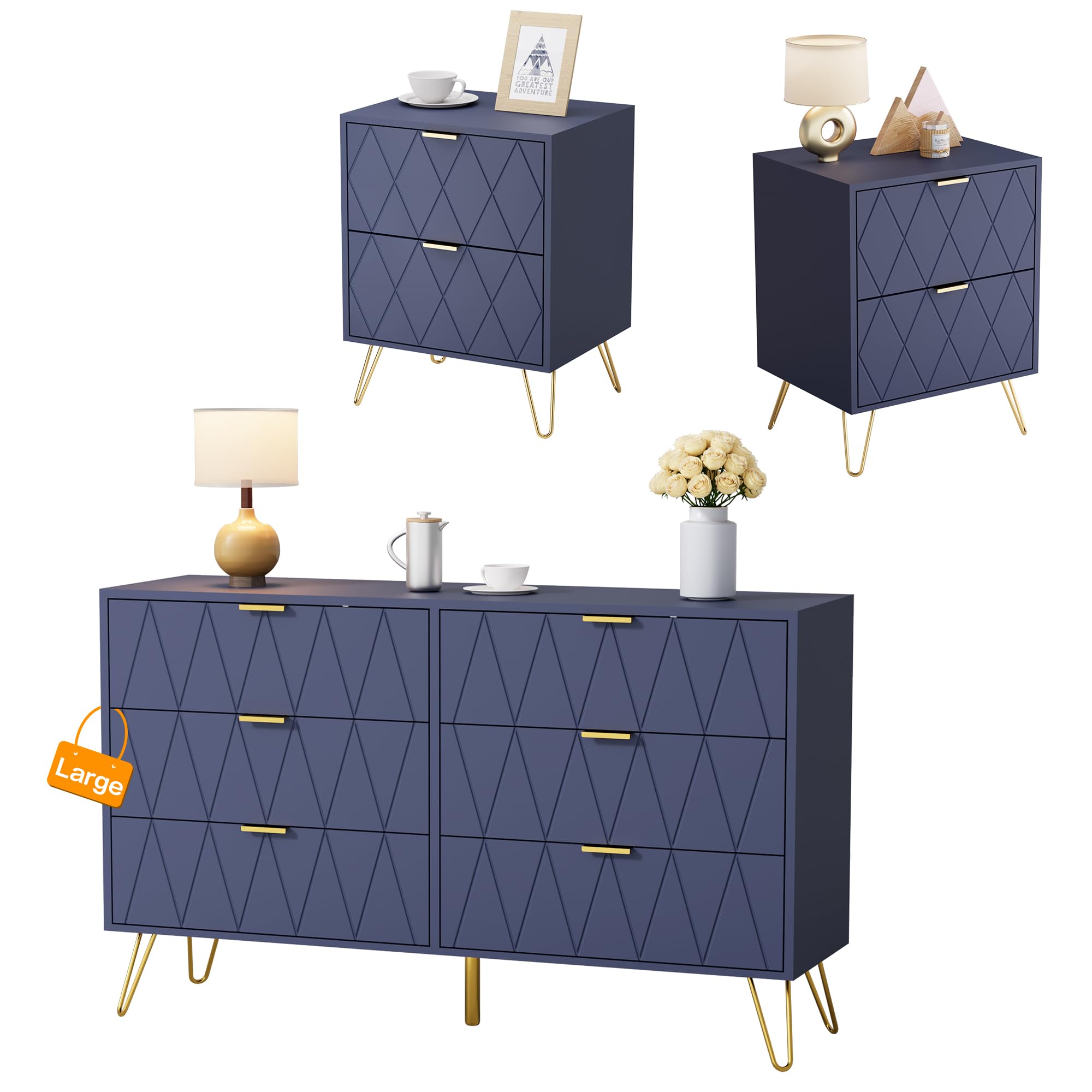 Anbuy Bedroom Sets 3 Piece Black 6 Drawer Dresser and Night Stand Sets for Bedroom, Two Drawers Nightstand Set of 2 & 6 Drawer Dresser Combo 3 Pieces (Black)