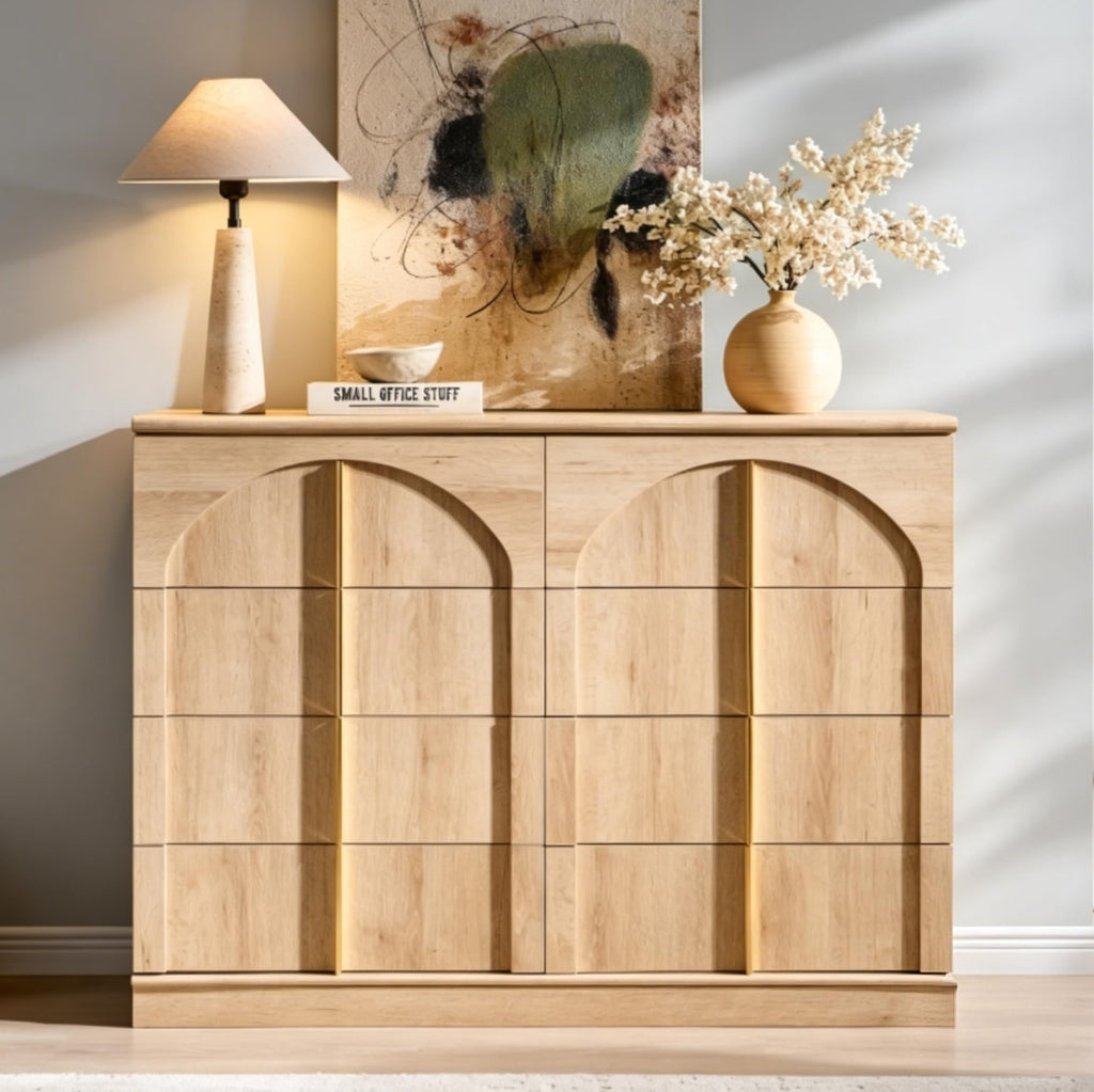 ACCOHOHO Large Dresser for Bedroom with 8 Drawers with Arched Panel,Modern Minimalist Chest of Drawers with Gold Handles,Wood Storage Closet Dressers Tv Stand for Living Room, Hallway,Natural Oak