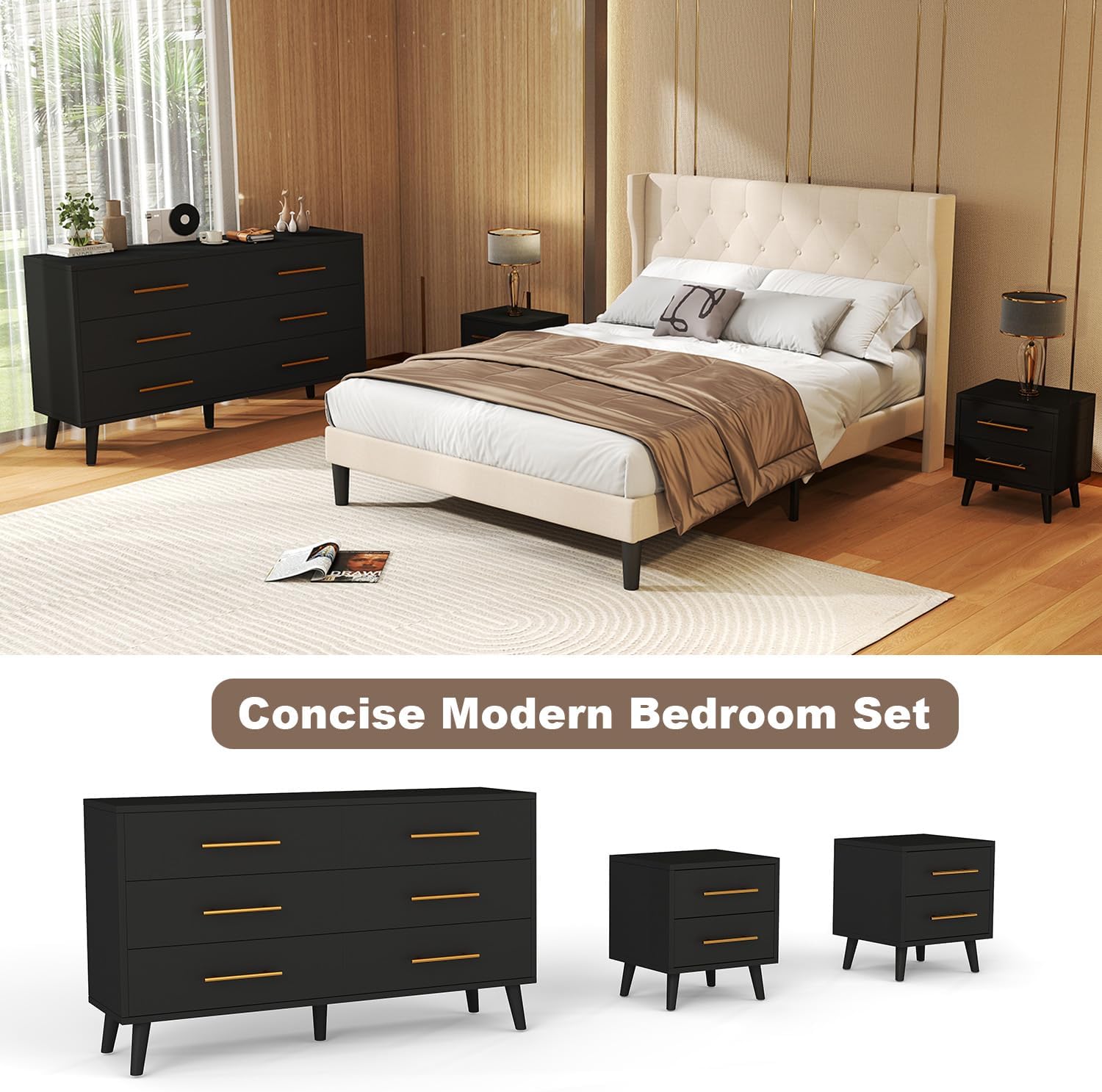 Ahomly 6-Drawer Dresser and 2-Drawer Nightstands Set for Bedroom, 3 Pcs Bedroom Set with Gold Handles，Modern Wood Dresser with Ample Storage, Black