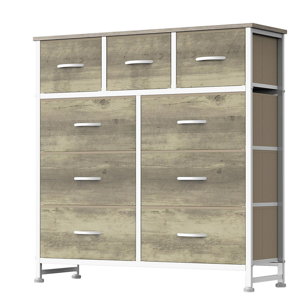 DUMOS Dresser for Bedroom, Storage Organizer with 9 Drawers, Chest of Drawers with Fabric Bins, Sturdy Metal Frame, Wood Tabletop for Guest Room, Closet, Entryway, White
