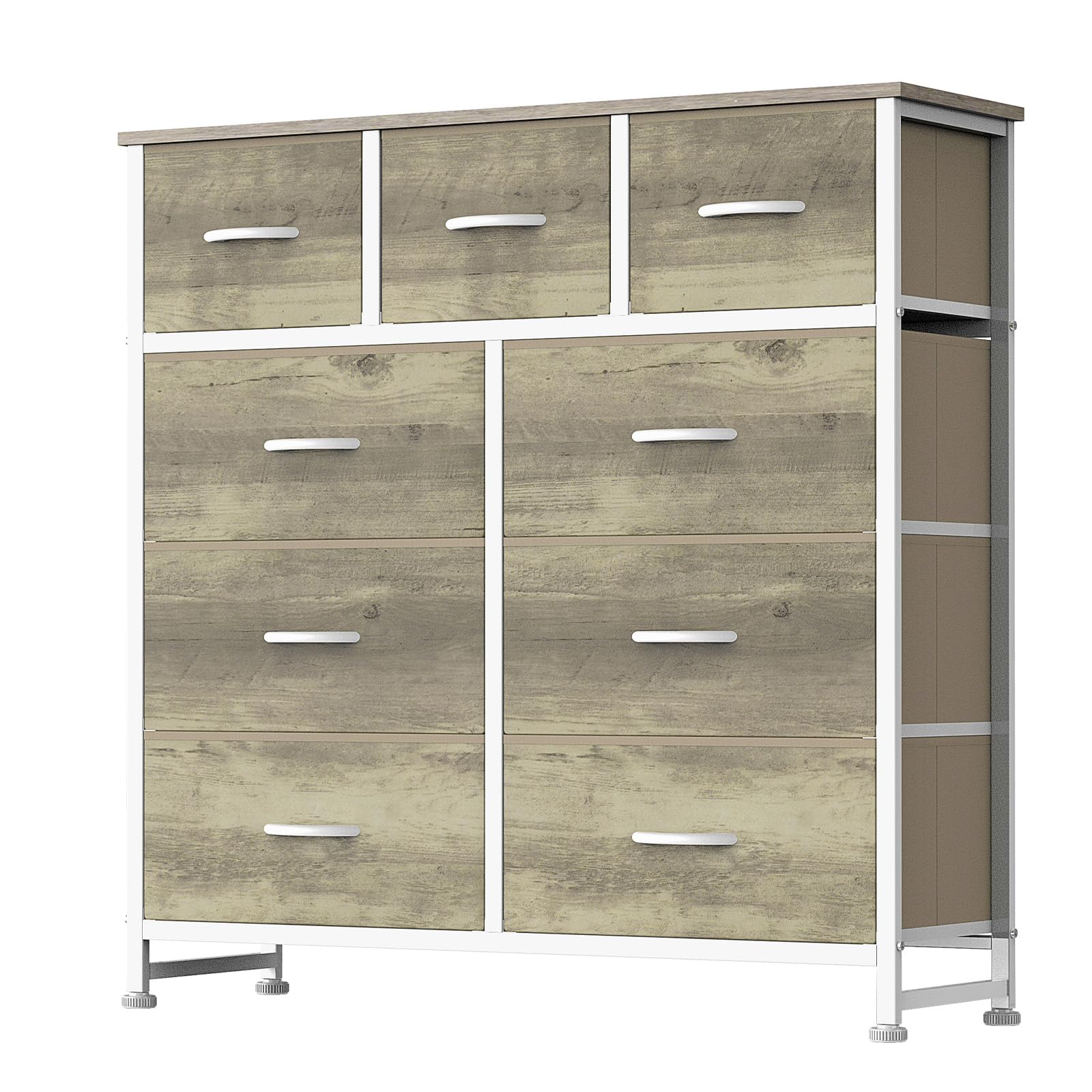 DUMOS Dresser for Bedroom, Storage Organizer with 9 Drawers, Chest of Drawers with Fabric Bins, Sturdy Metal Frame, Wood Tabletop for Guest Room, Closet, Entryway, White