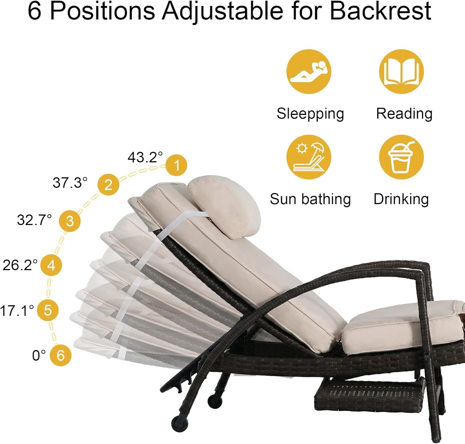 Chaise Lounge Chairs Set of 2, 6-Position Adjustable Outdoor Recliner with Side Table & Wheel,All-Weather PE Rattan Wicker Patio Lounge Chair With Removable Cushion for Poolside Backyard Beach (Beige)