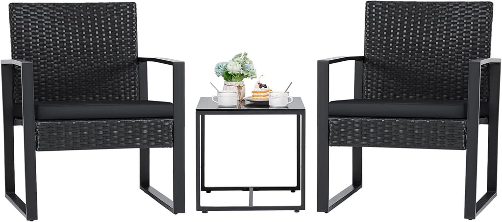 Flamaker 3 Pieces Outdoor Patio Wicker Furniture Set, Modern Rattan Chair Conversation Sets with Coffee Table for Yard and Bistro (Black)