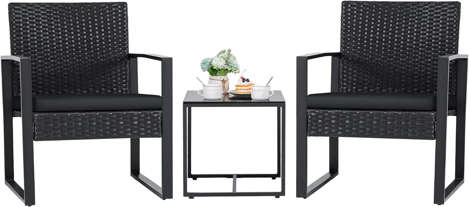 Flamaker 3 Pieces Outdoor Patio Wicker Furniture Set, Modern Rattan Chair Conversation Sets with Coffee Table for Yard and Bistro (Black)