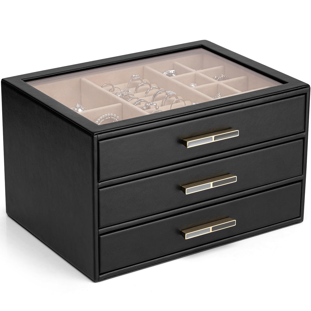 VLANDO 4 Layer Jewelry Box for Women, Glass Lid Jewelry Organizer with 4 Drawers for Necklaces Rings Earrings Bracelets - Cloud White