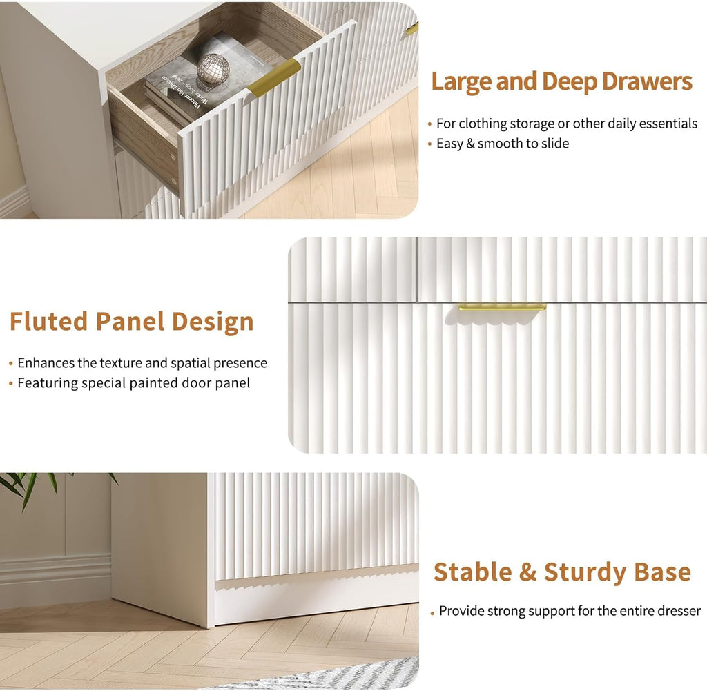 3Pcs White Modern Bedroom Furniture Set, 55" Wide Fluted Dresser + 2 Gold Handle Nightstands