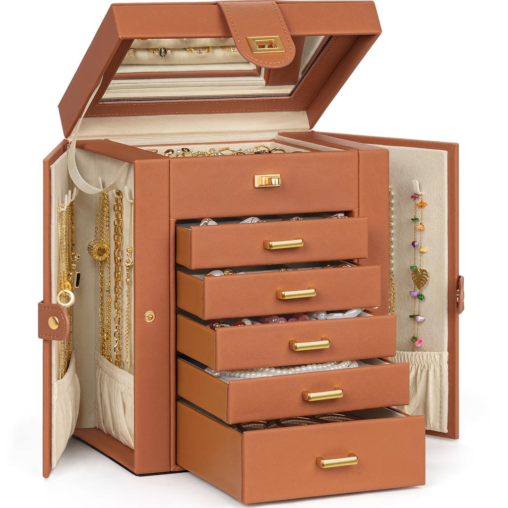 AKOZLIN Jewelry Box Organizer Functional Leather Jewelry Storage Case for Women Girls Ring Necklace Earring Bracelet Holder Organizer with Mirror Black