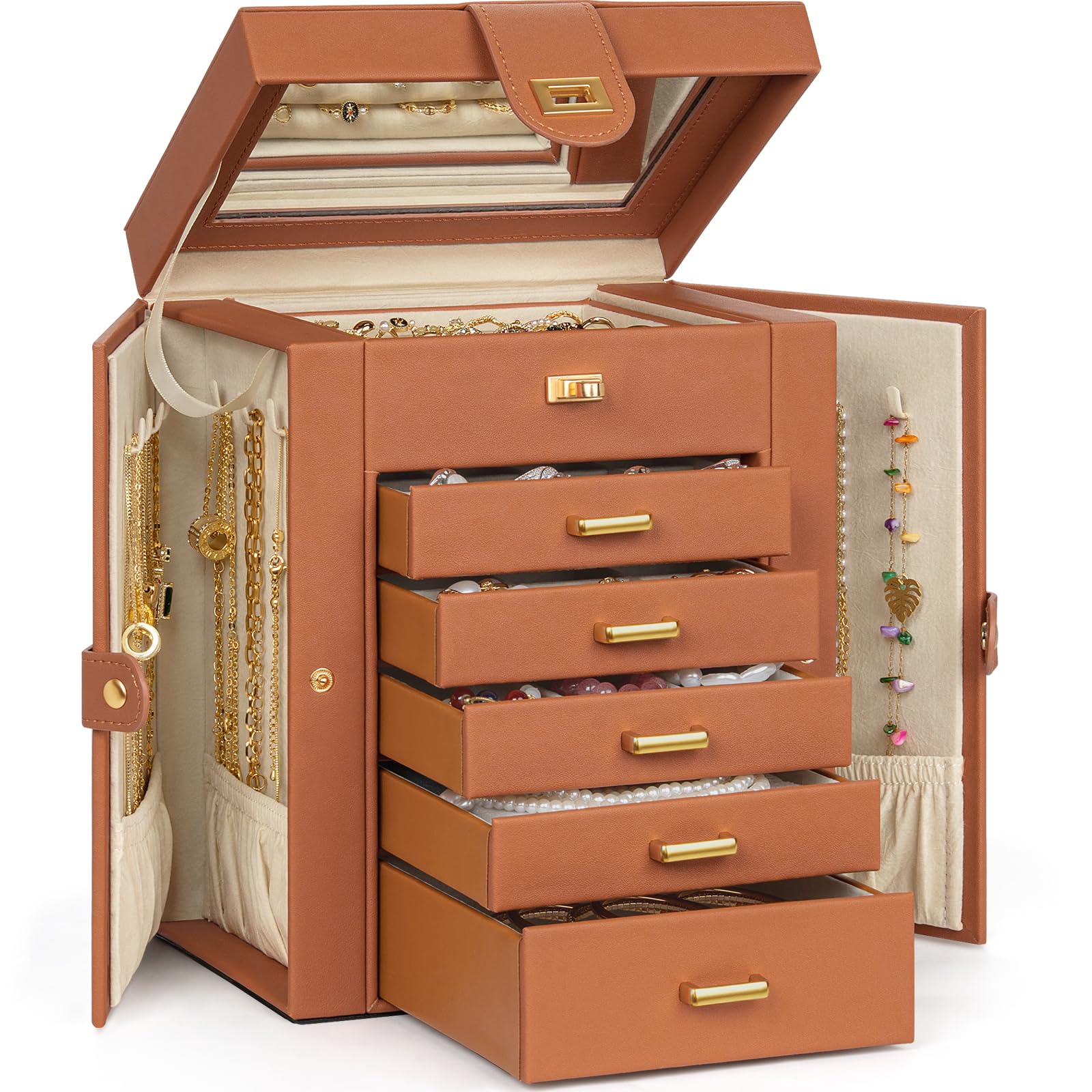 AKOZLIN Jewelry Box Organizer Functional Leather Jewelry Storage Case for Women Girls Ring Necklace Earring Bracelet Holder Organizer with Mirror Black