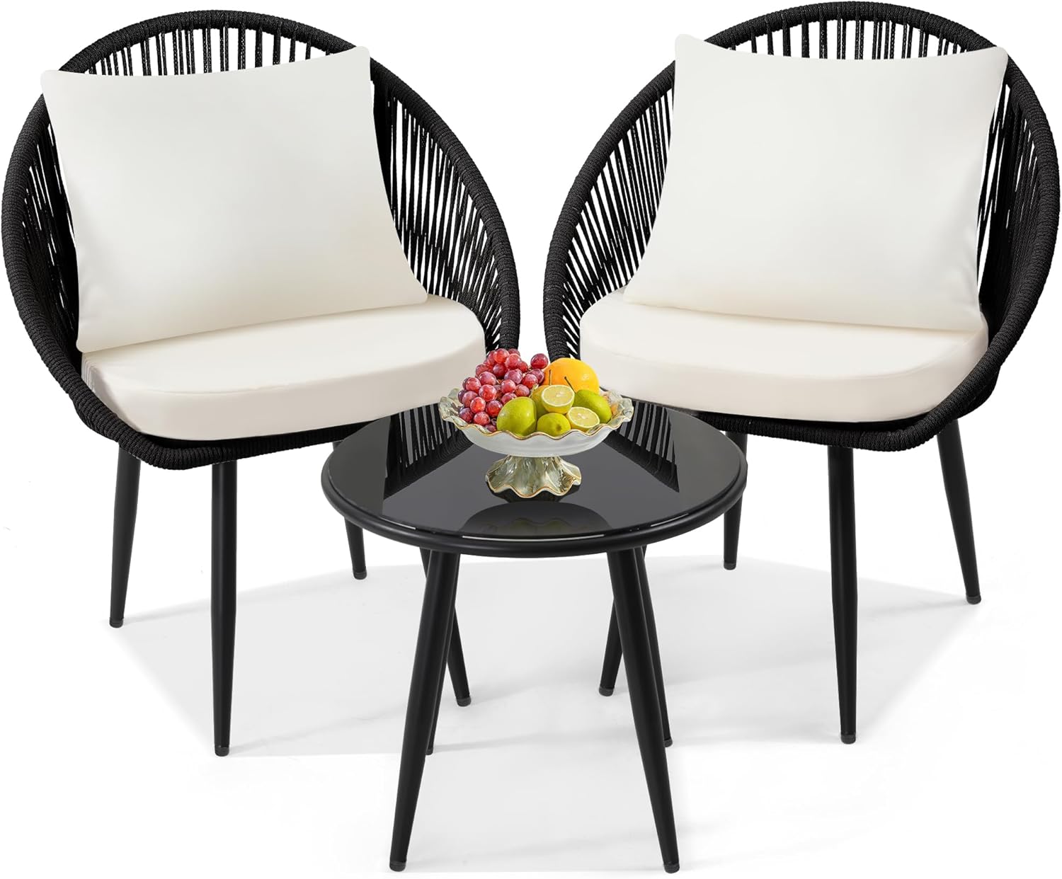 wildformers 3 Pieces Bistro Set, Woven Rope Chair with Cushions, All Weather Patio Conversation Set and Side Table, Ideal for Deck, Balcony, Poolside, Black