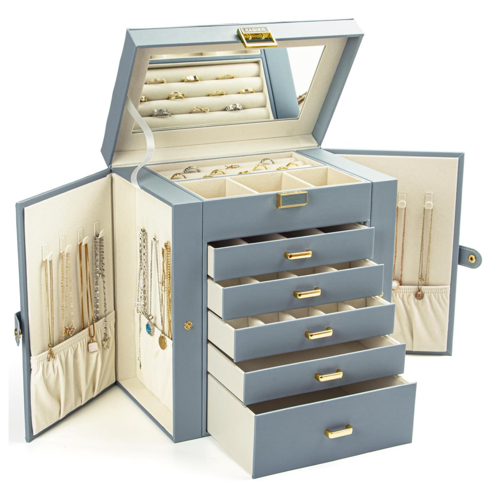 KAMIER Jewelry Box for Women, 6-Layer Large Jewelry Holder Organizer Box with Mirror & 5 Drawers for Rings, Earrings, Necklaces, Bracelets,White