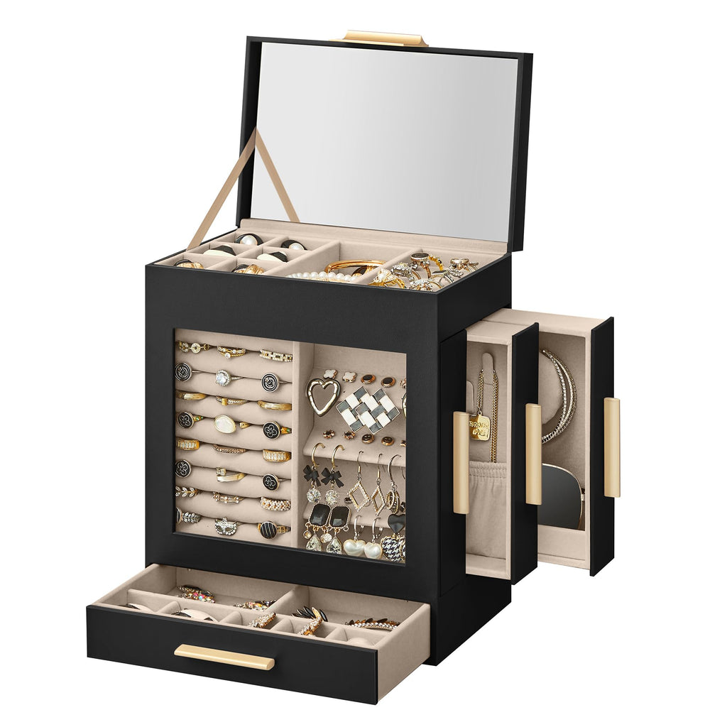 SONGMICS Jewelry Box with Glass Window, 5-Layer Jewelry Organizer with 3 Side Drawers, Jewelry Storage, with Big Mirror, Modern, 6.1 x 10.3 x 12.6 Inches, Cloud White and Metallic Gold UJBC162W01