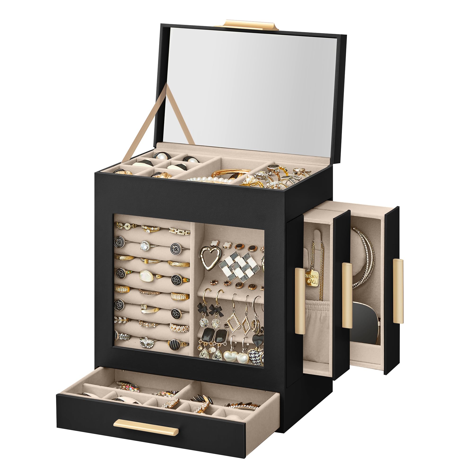 SONGMICS Jewelry Box with Glass Window, 5-Layer Jewelry Organizer with 3 Side Drawers, Jewelry Storage, with Big Mirror, Modern, 6.1 x 10.3 x 12.6 Inches, Cloud White and Metallic Gold UJBC162W01
