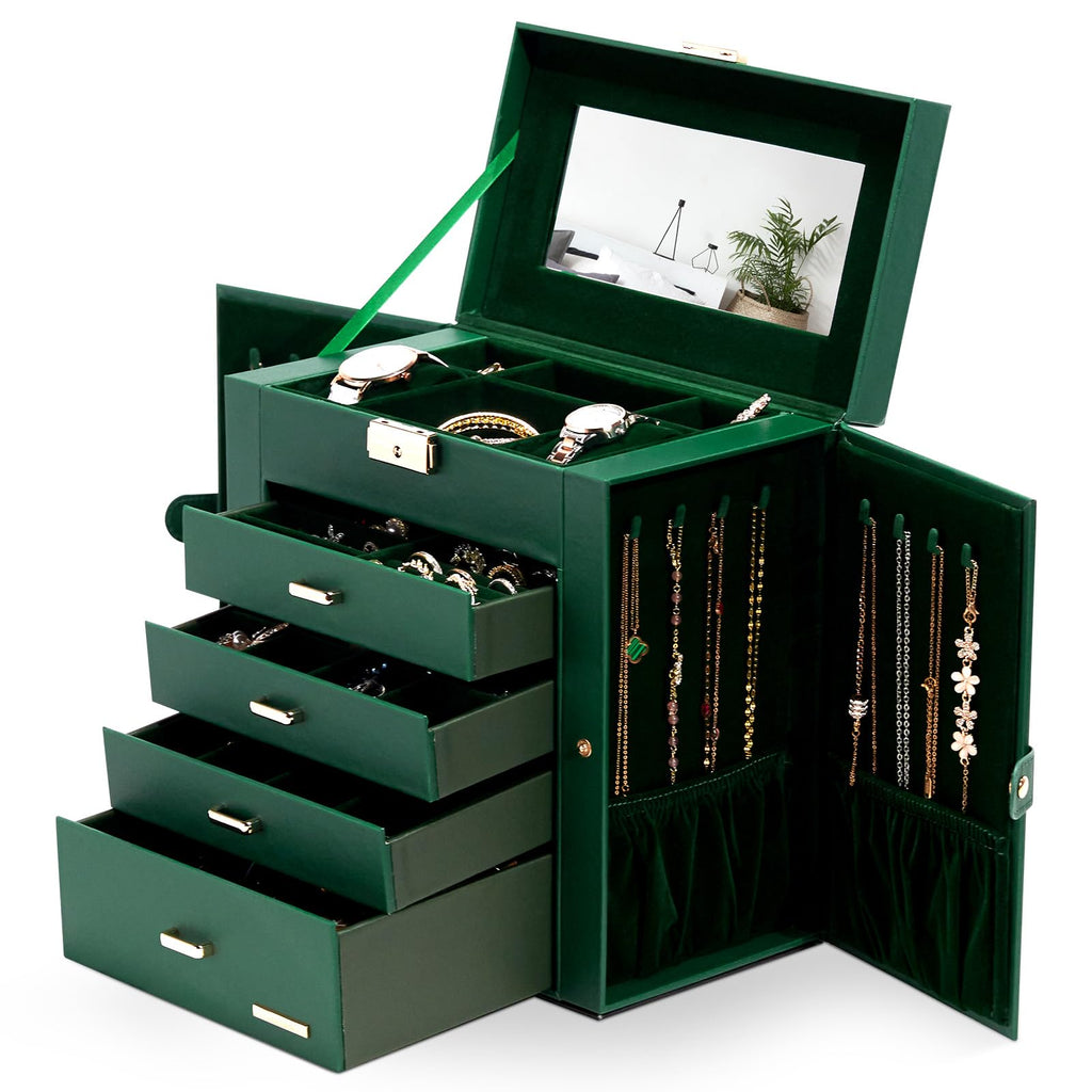 Homde Synthetic Leather Huge Jewelry Box Mirrored Watch Organizer Necklace Ring Earring Storage Lockable Gift Case (White + Gold)