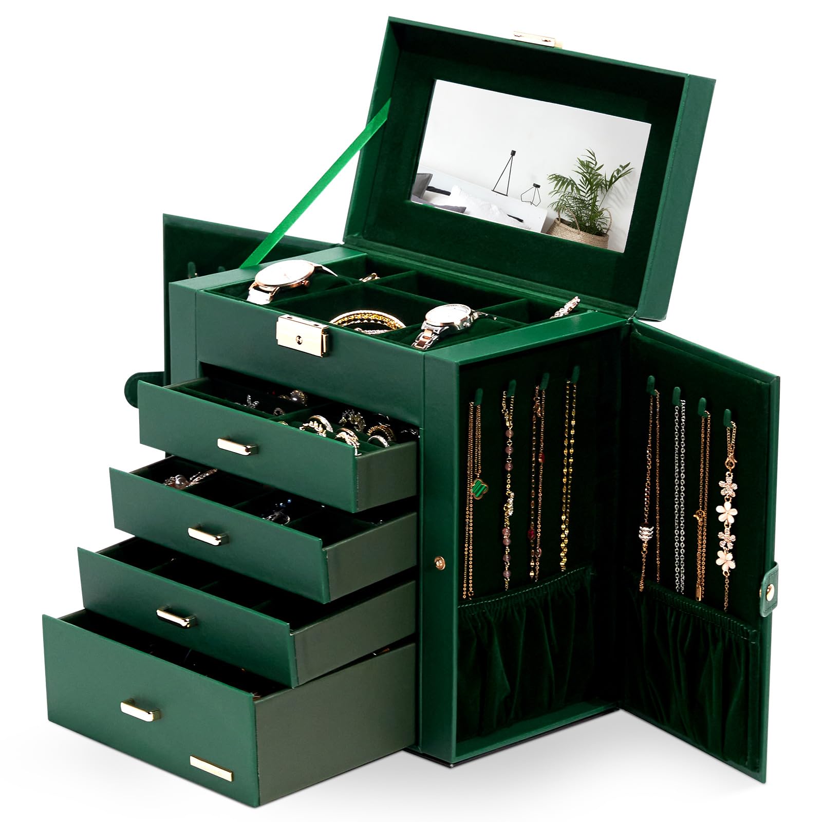 Homde Synthetic Leather Huge Jewelry Box Mirrored Watch Organizer Necklace Ring Earring Storage Lockable Gift Case (White + Gold)