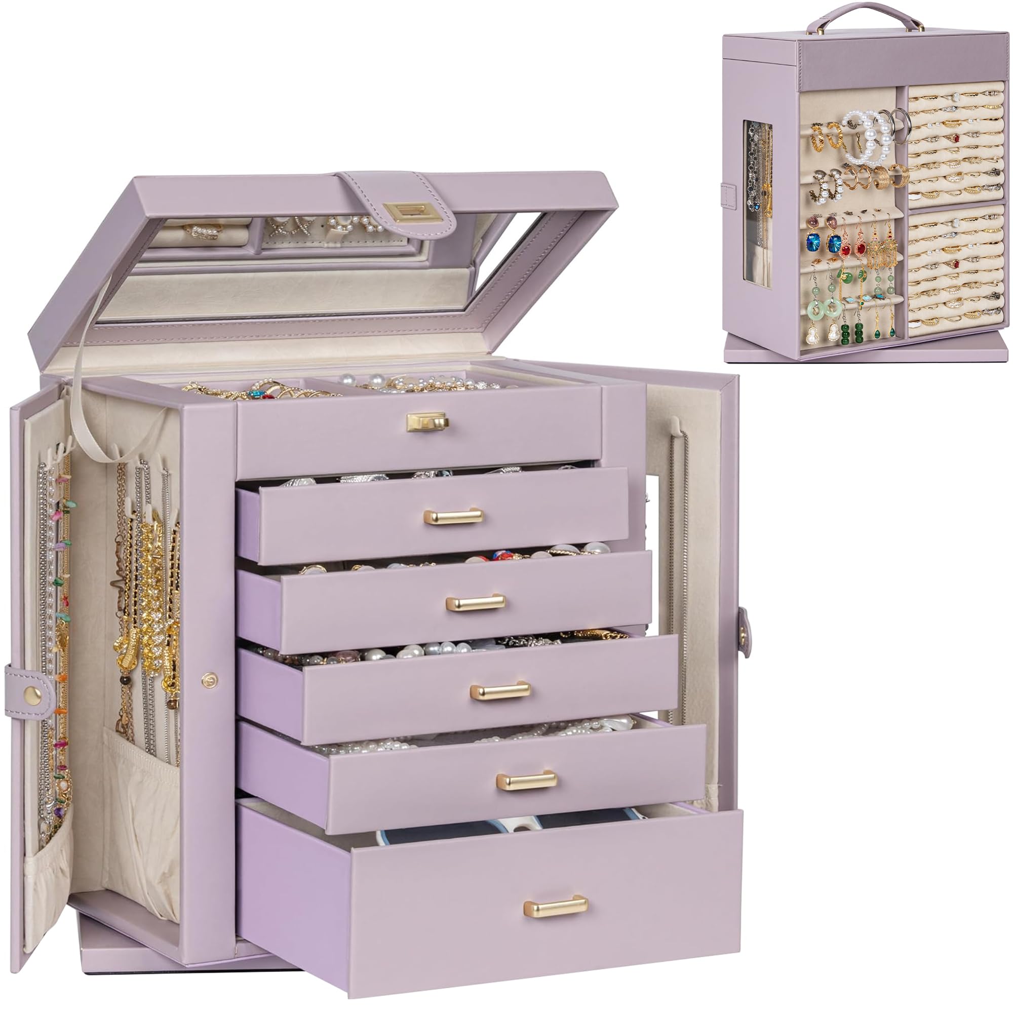 AKOZLIN Jewelry Box 6-Tier Organizer Functional 360° Rotating Jewelry Storage Case for Women Girls Ring Necklace Earring Bracelet Holder with Mirror