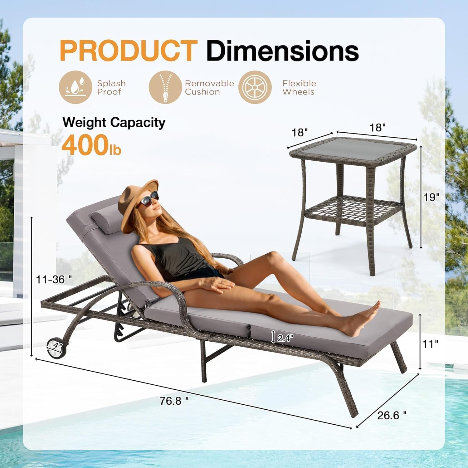 HOMREST Pool Lounge Chairs Set of 3, Outdoor Wicker Chaise with 5 Adjustable Backrest & Flexible Wheels, Patio Lounge Chair with Thicken Cushion for Garden and Poolside, Gray