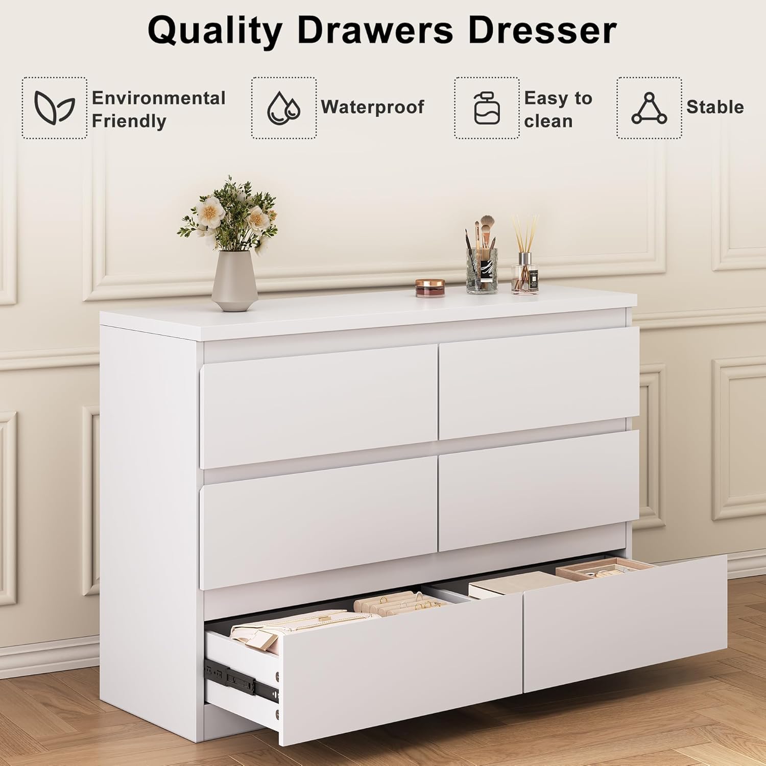 Jocoevol White 6 Drawer Dresser for Bedroom, 15.3" D x 47.2" W x 32.3" H in Simply Modern Chest of Drawers, Wood Storage Double Dresser with Deep Drawers for Living Room, Hallway Entryway, White