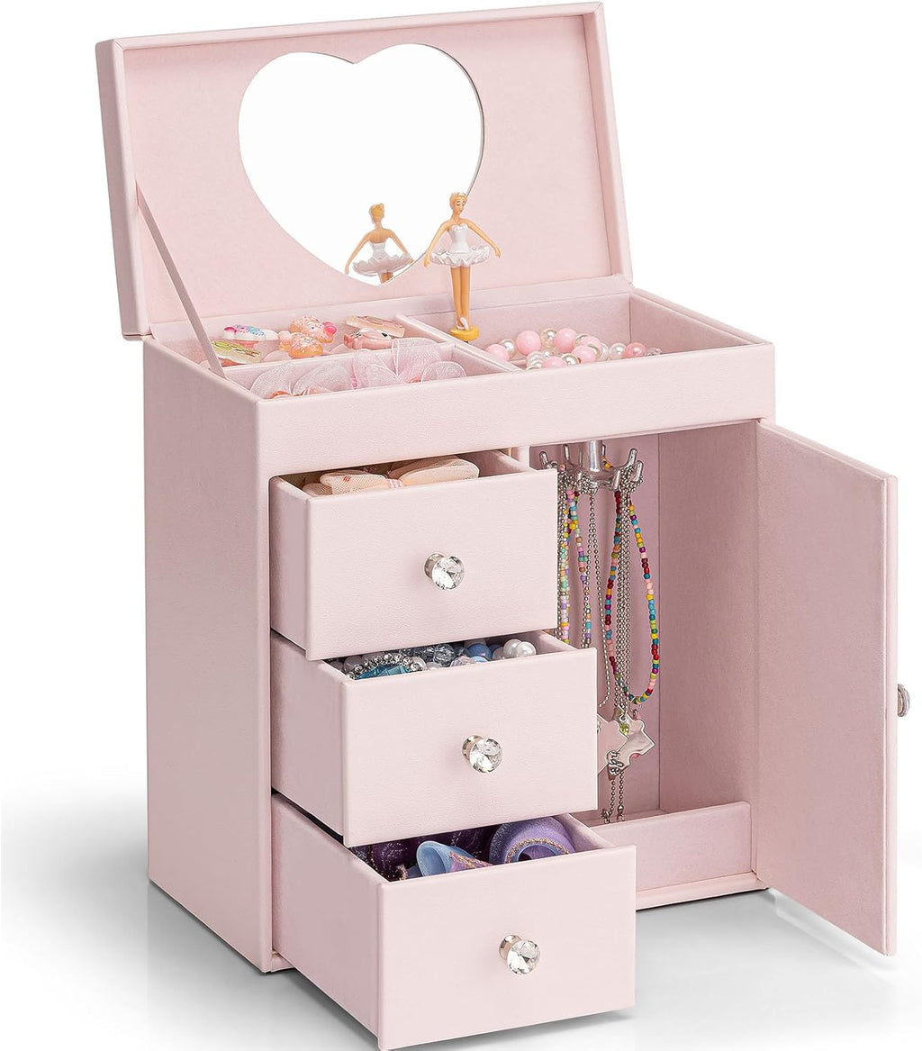Vlando Musical Jewelry Box for Girls - Valentines Day Gift for Kid - Large Kid Music Box with Ballerina for Birthday Bedroom Decor, 4 Layer Girl Jewelry Gifts for Girls Kids - Light Pink