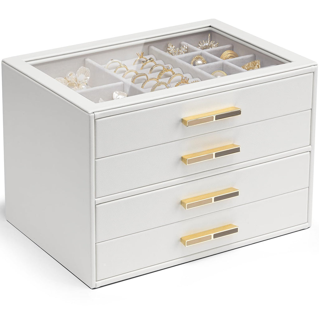 VLANDO 4 Layer Jewelry Box for Women, Glass Lid Jewelry Organizer with 4 Drawers for Necklaces Rings Earrings Bracelets - Cloud White