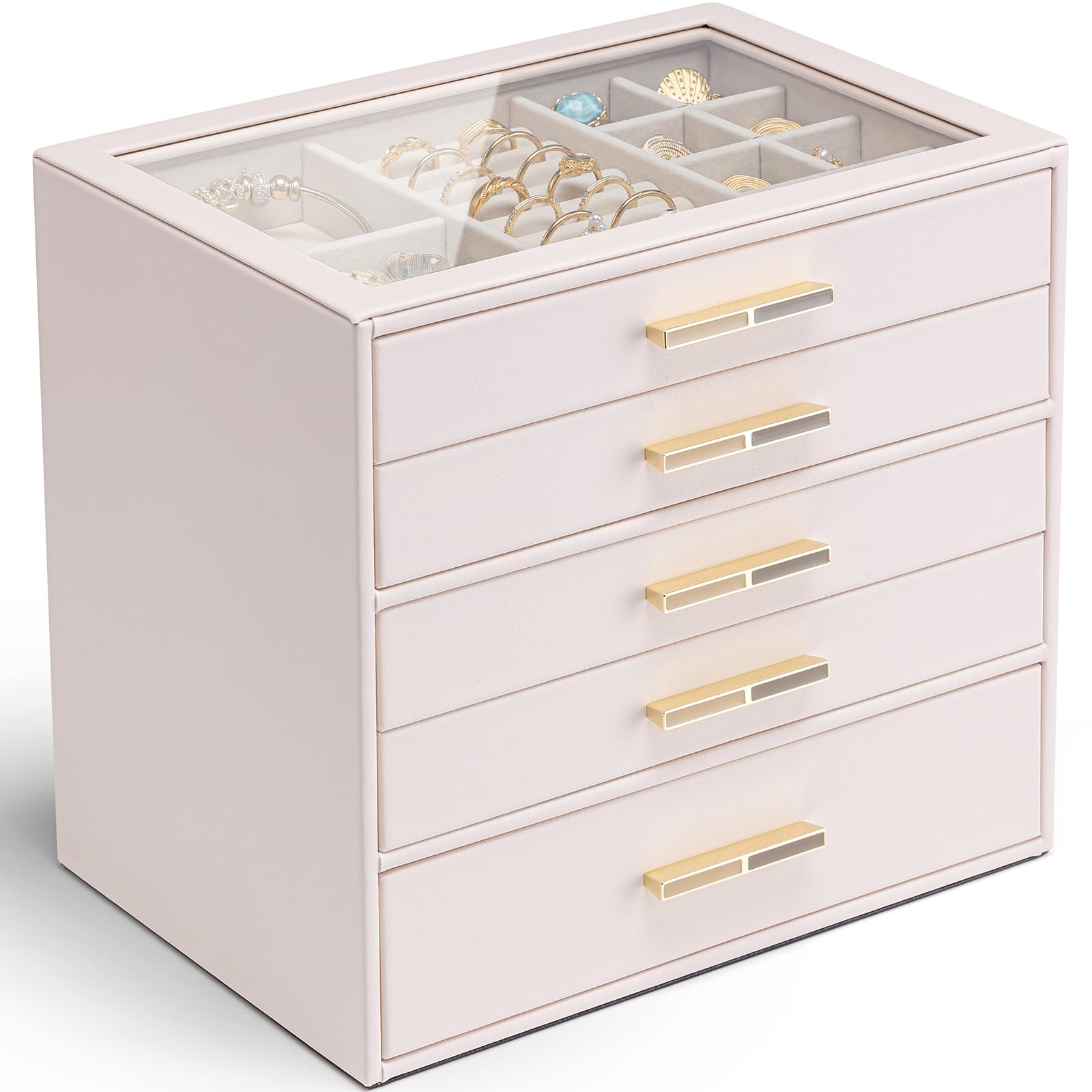 VLANDO 4 Layer Jewelry Box for Women, Glass Lid Jewelry Organizer with 4 Drawers for Necklaces Rings Earrings Bracelets - Cloud White