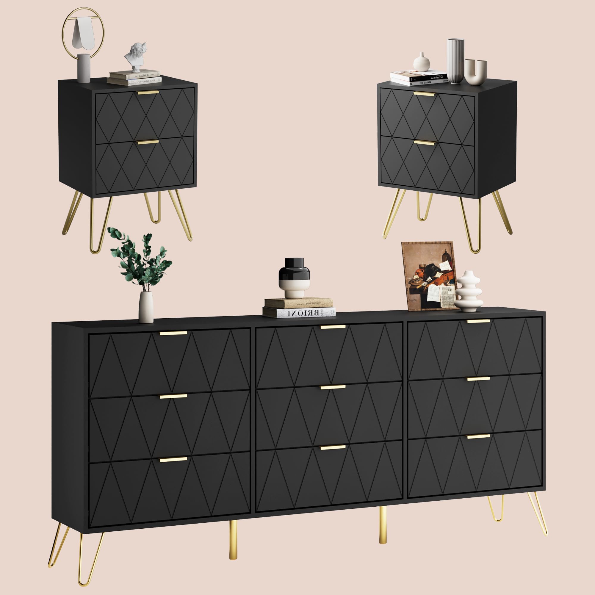 Anbuy Bedroom Sets 3 Piece Black 6 Drawer Dresser and Night Stand Sets for Bedroom, Two Drawers Nightstand Set of 2 & 6 Drawer Dresser Combo 3 Pieces (Black)
