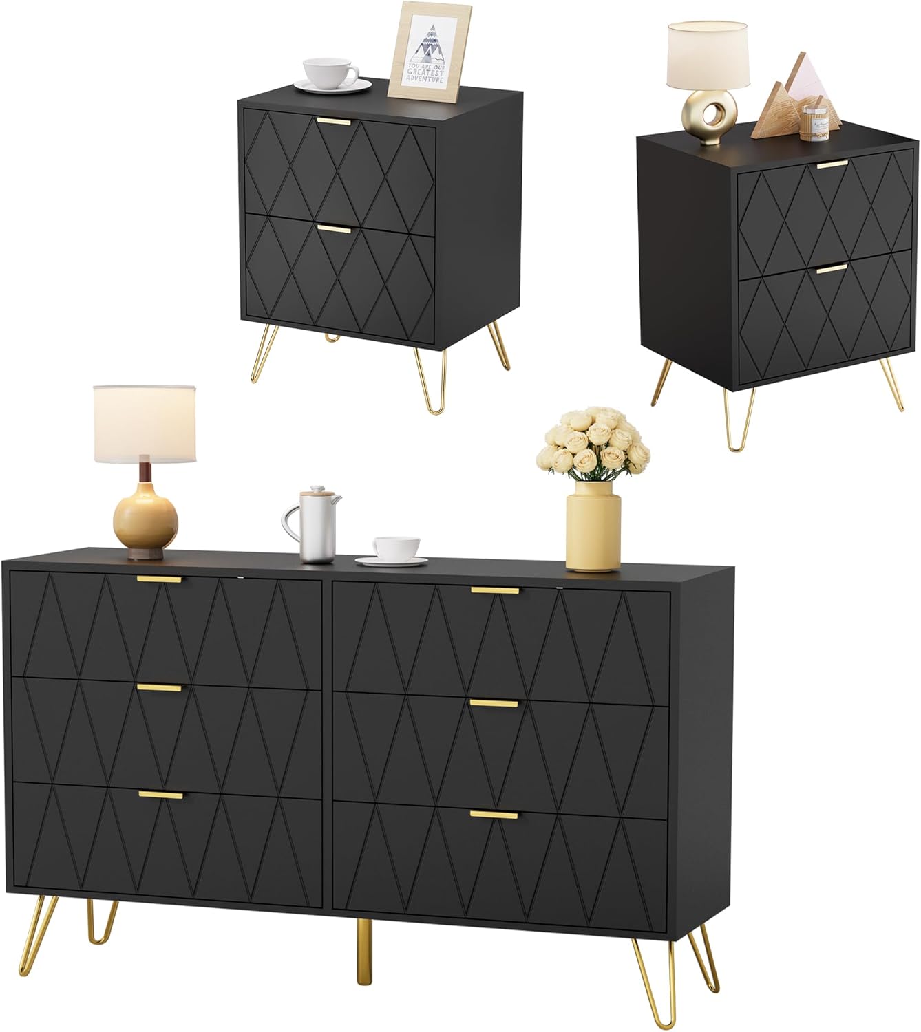 Anbuy Bedroom Sets 3 Piece Black 6 Drawer Dresser and Night Stand Sets for Bedroom, Two Drawers Nightstand Set of 2 & 6 Drawer Dresser Combo 3 Pieces (Black)