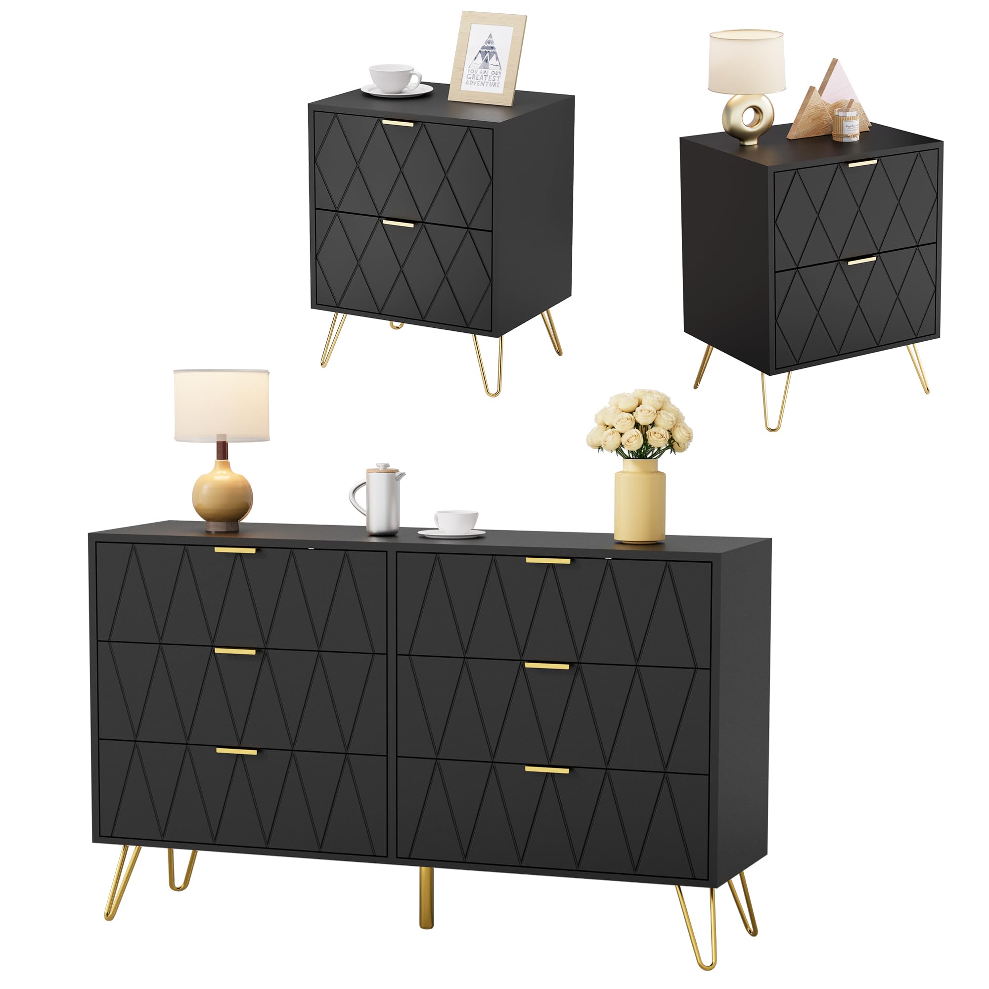 Anbuy Bedroom Sets 3 Piece Black 6 Drawer Dresser and Night Stand Sets for Bedroom, Two Drawers Nightstand Set of 2 & 6 Drawer Dresser Combo 3 Pieces (Black)
