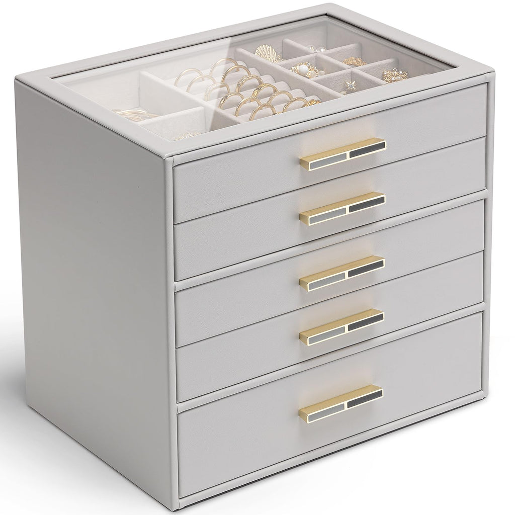 VLANDO 4 Layer Jewelry Box for Women, Glass Lid Jewelry Organizer with 4 Drawers for Necklaces Rings Earrings Bracelets - Cloud White