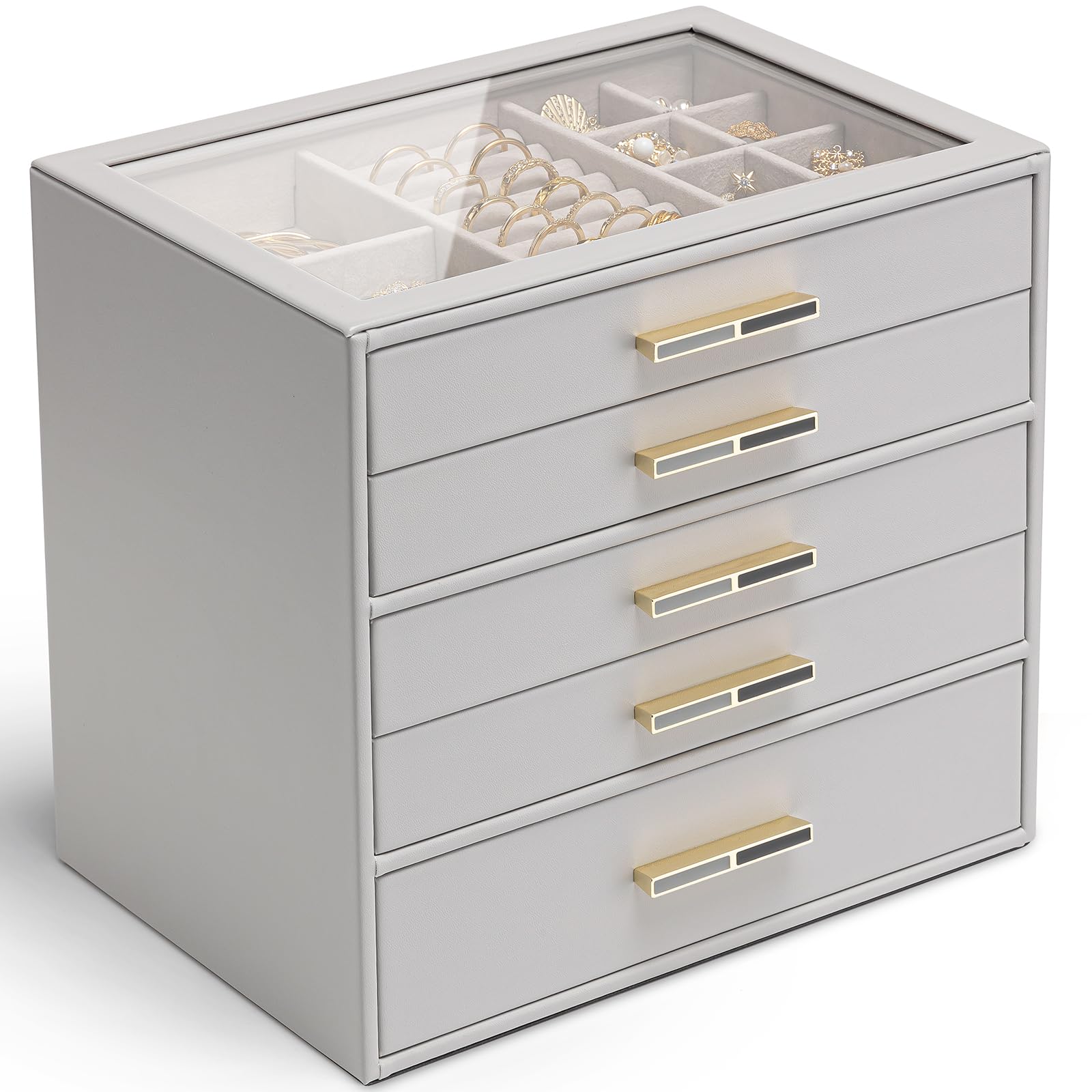 VLANDO 4 Layer Jewelry Box for Women, Glass Lid Jewelry Organizer with 4 Drawers for Necklaces Rings Earrings Bracelets - Cloud White