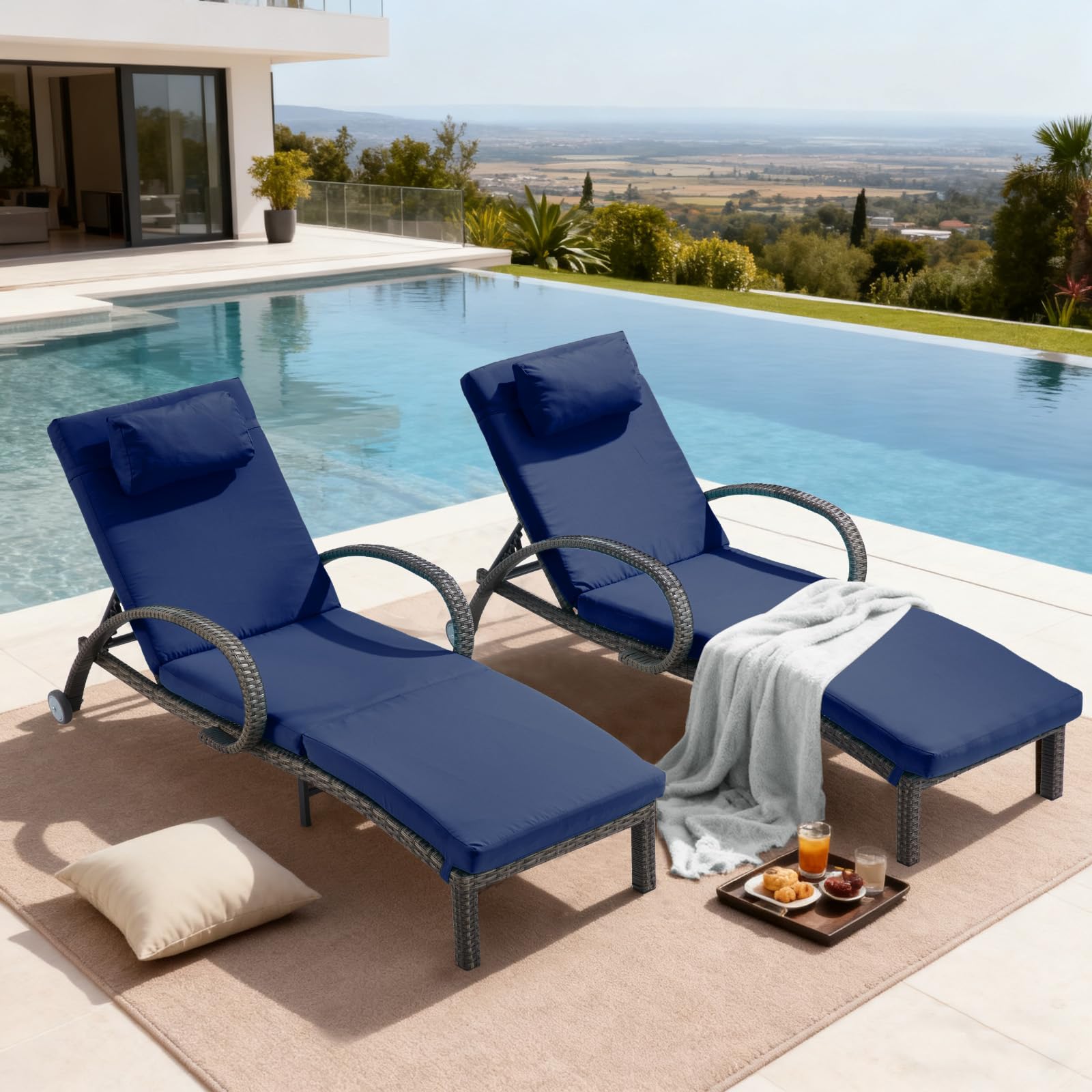 Pool Outdoor Lounge Chairs Set of 2,Outdoor Chaise Lounge w/ 5 Adjustable Back,Wicker Patio Pool Lounge Chair with Wheels for Poolside Deck Lawn,Khaki