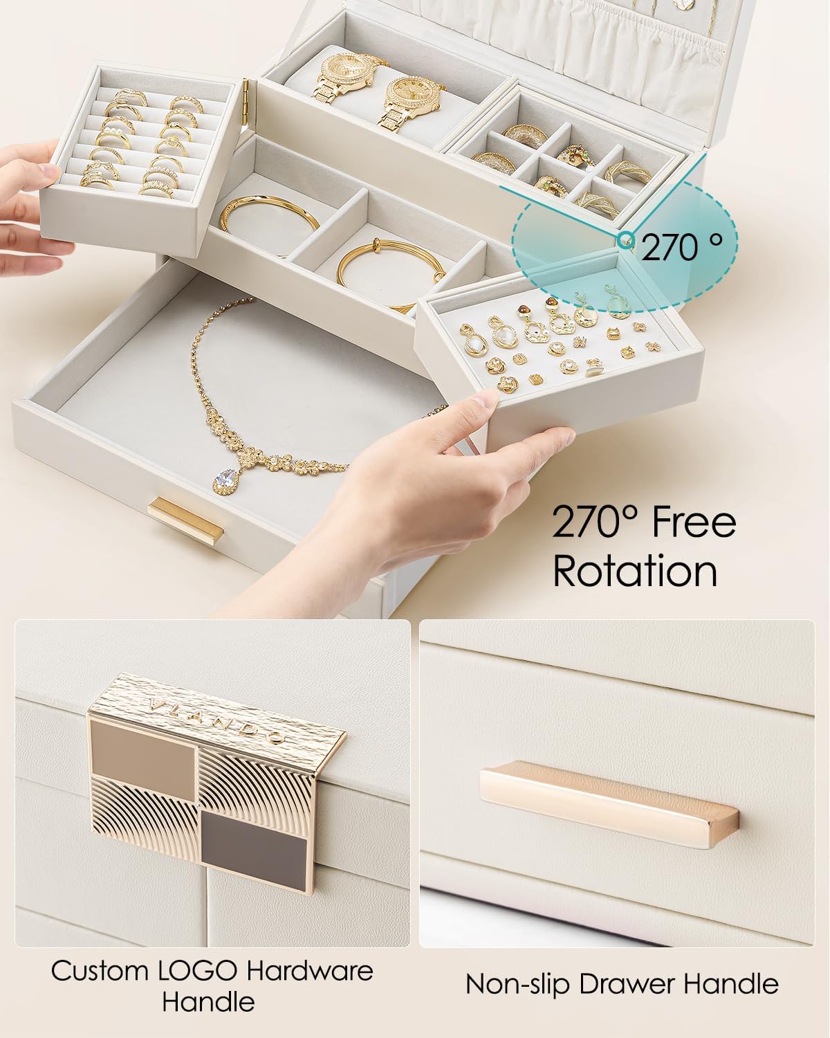 VLANDO 3 Layer Jewelry Box - Women Jewelry Box with Retractable Tray - Jewelry Organizers with Drawer for Necklaces, Rings, Bracelets, Earrings, Valentines Gift for Mom Girls - Cloud White