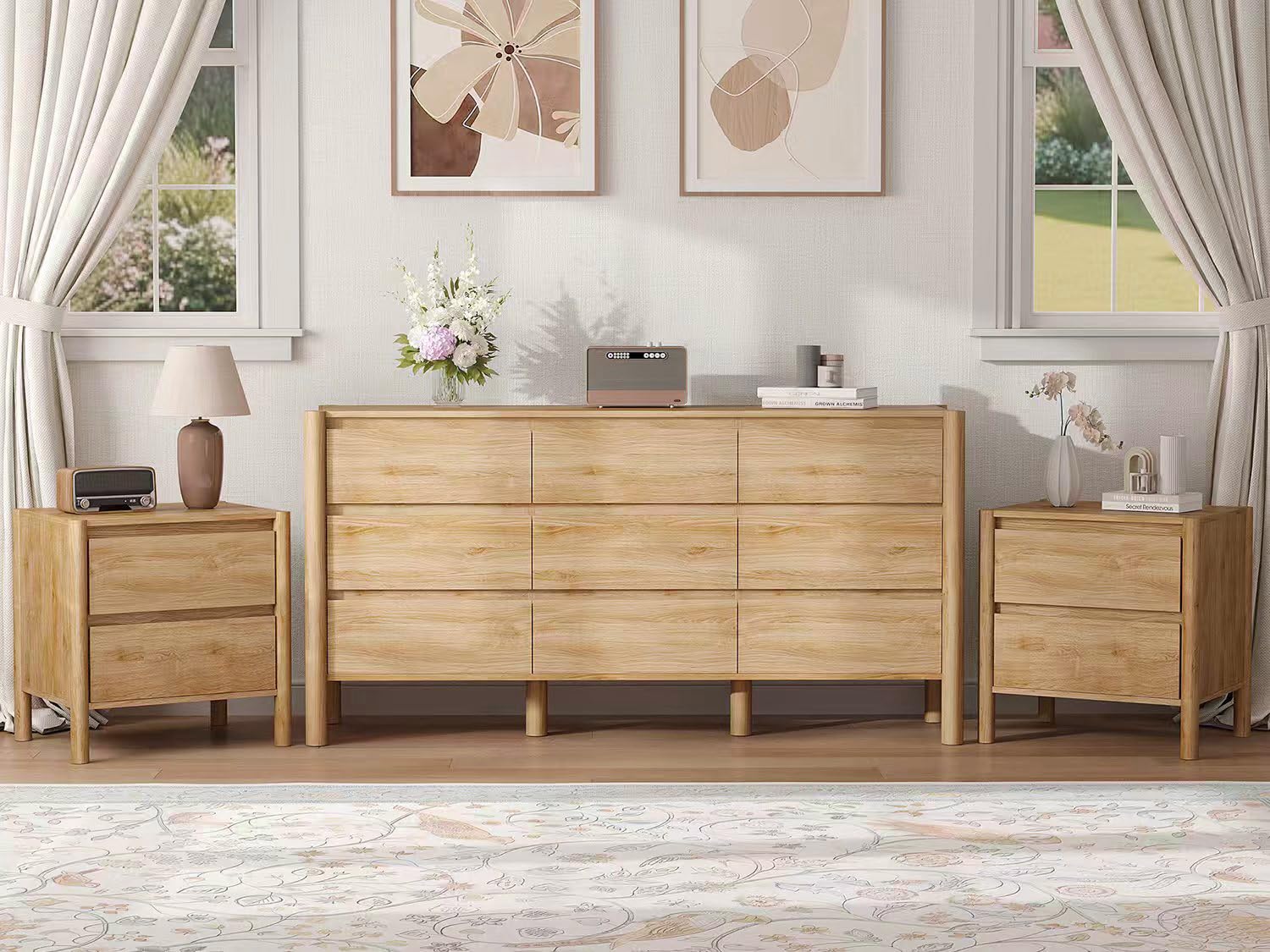 CHUWELL 3-Piece Bedroom Dresser Set-9 Drawer Dresser & 2 Nightstands,47" Wide Walnurt Dresser and Night Stands with Solid Wood Cylindrical Legs,Rustic Wooden Storage for Bedroom