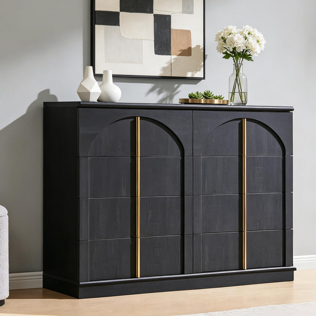 ACCOHOHO Large Dresser for Bedroom with 8 Drawers with Arched Panel,Modern Minimalist Chest of Drawers with Gold Handles,Wood Storage Closet Dressers Tv Stand for Living Room, Hallway,Natural Oak