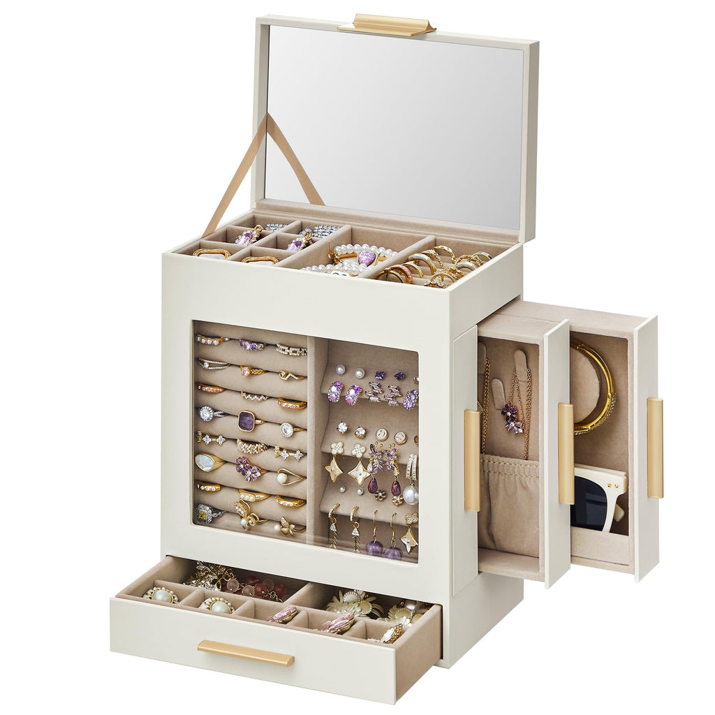 SONGMICS Jewelry Box with Glass Window, 5-Layer Jewelry Organizer with 3 Side Drawers, Jewelry Storage, with Big Mirror, Modern, 6.1 x 10.3 x 12.6 Inches, Cloud White and Metallic Gold UJBC162W01