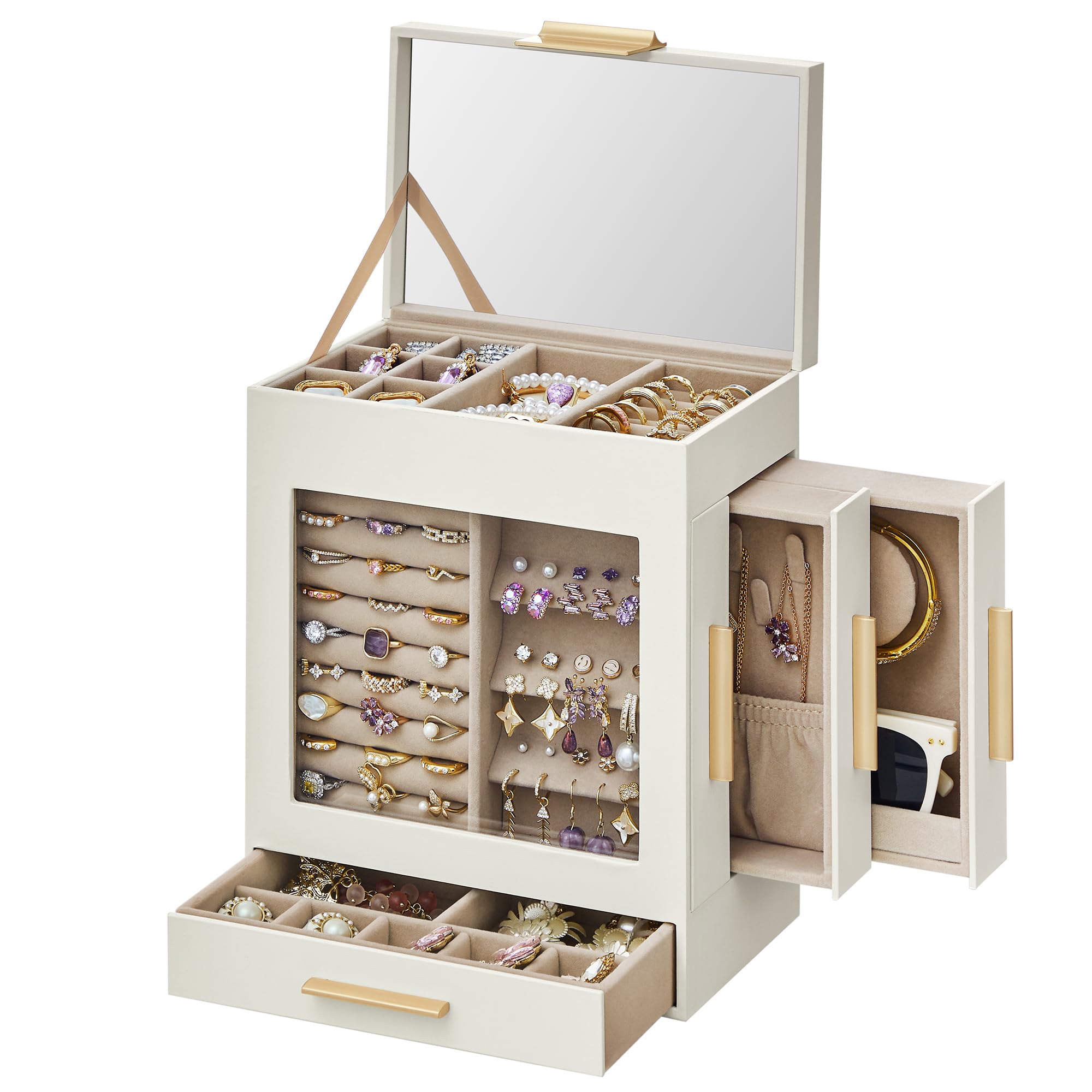 SONGMICS Jewelry Box with Glass Window, 5-Layer Jewelry Organizer with 3 Side Drawers, Jewelry Storage, with Big Mirror, Modern, 6.1 x 10.3 x 12.6 Inches, Cloud White and Metallic Gold UJBC162W01