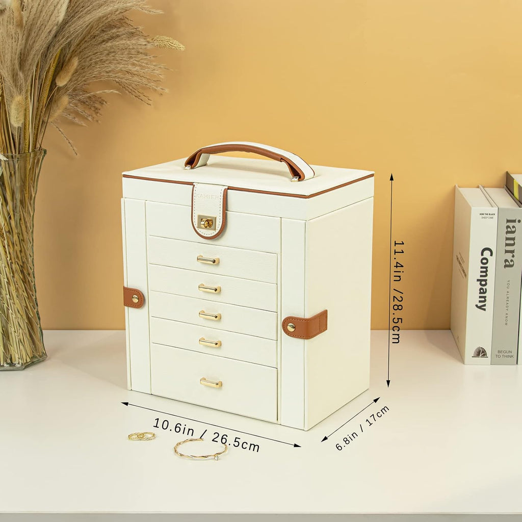 KAMIER Jewelry Box for Women, 6-Layer Large Jewelry Holder Organizer Box with Mirror & 5 Drawers for Rings, Earrings, Necklaces, Bracelets,White