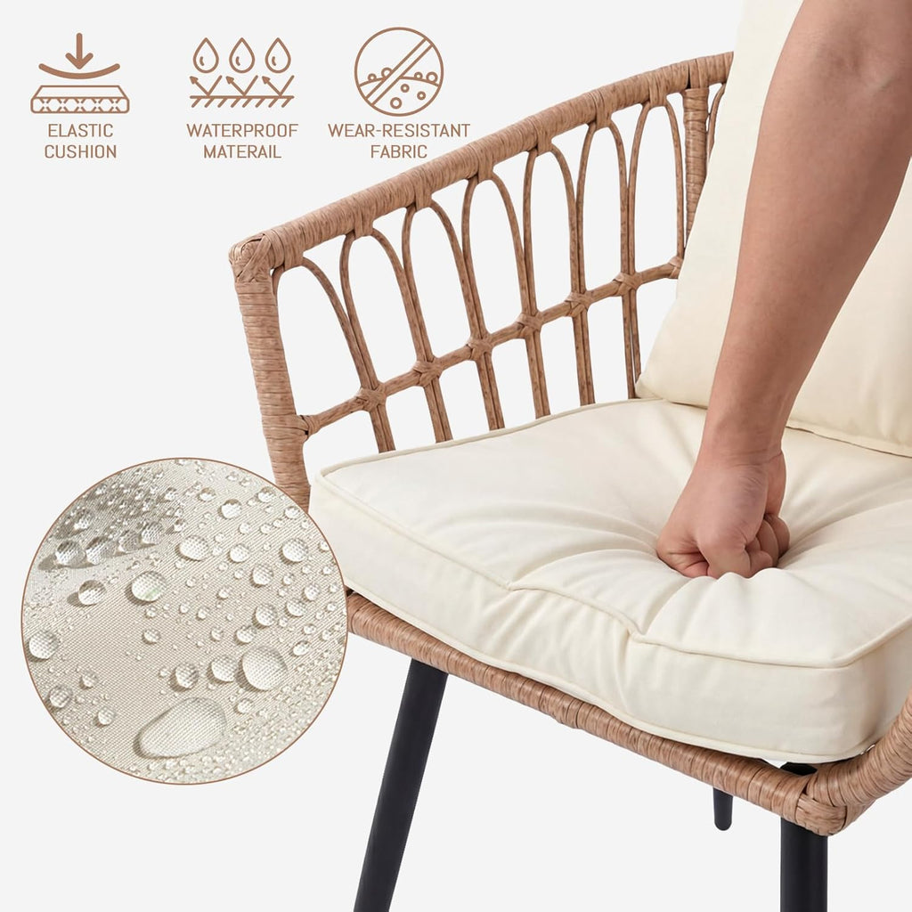 3Pcs Beige All-Weather Wicker Outdoor Bistro Set Patio Table & Chairs for Backyard Deck Poolside