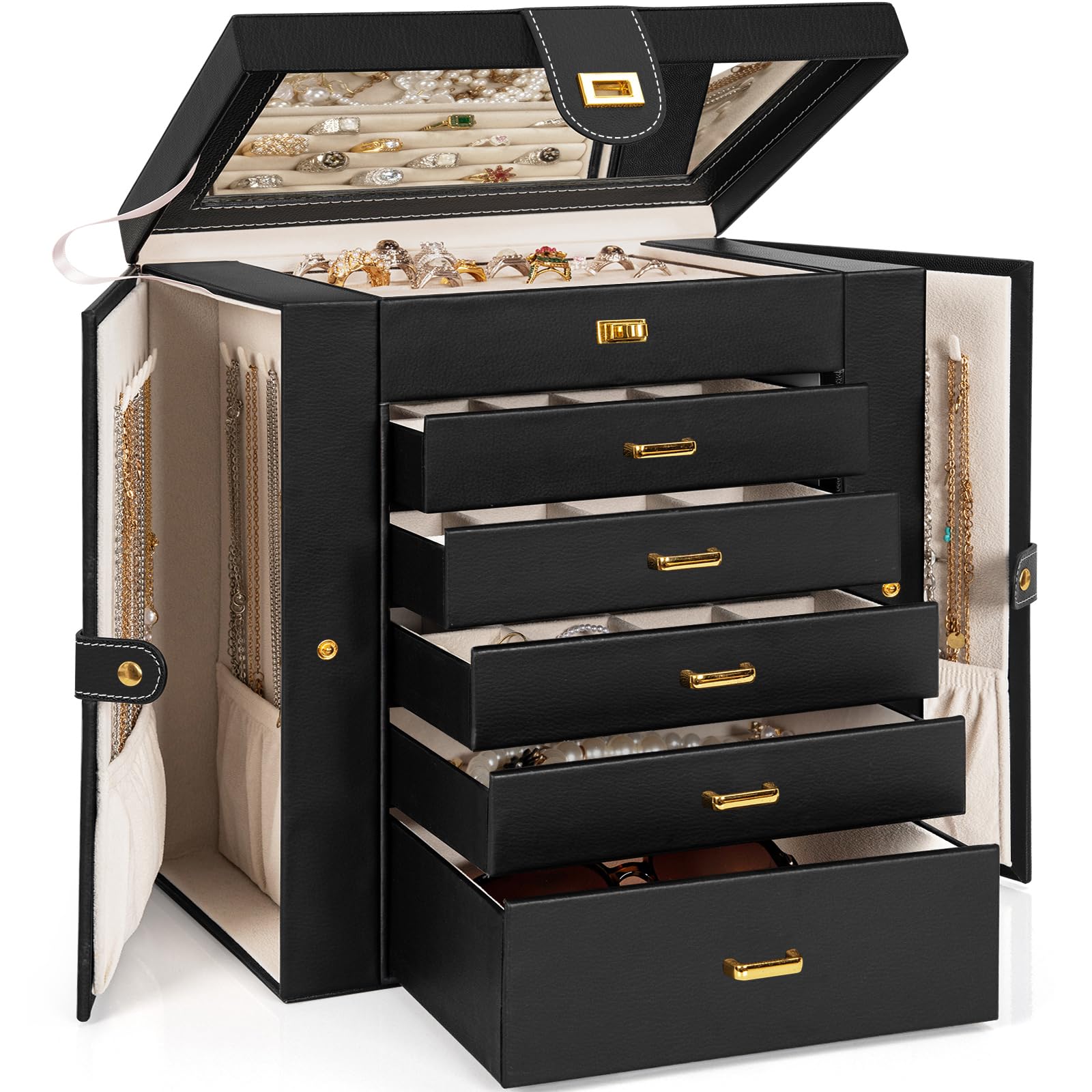AKOZLIN Jewelry Box Organizer Functional Leather Jewelry Storage Case for Women Girls Ring Necklace Earring Bracelet Holder Organizer with Mirror Black