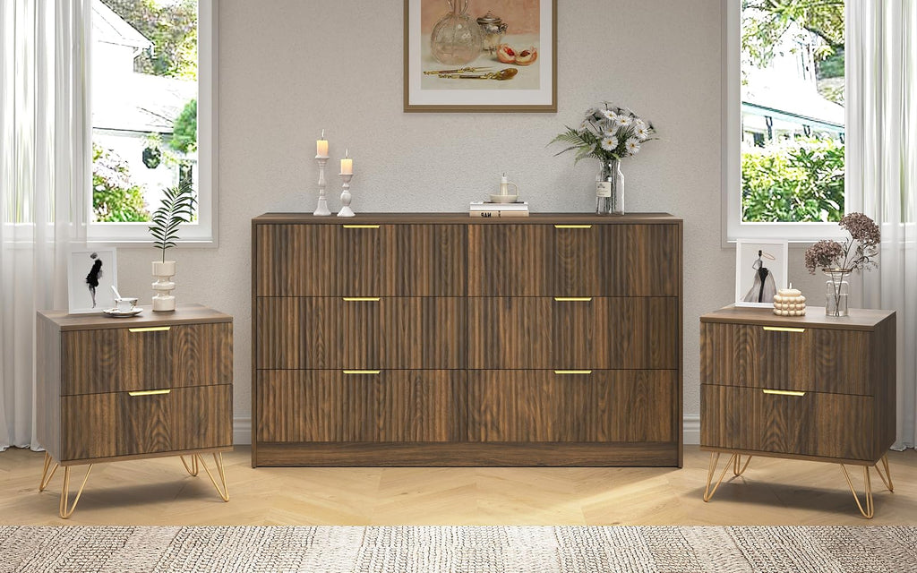 3Pcs White Modern Bedroom Furniture Set, 55" Wide Fluted Dresser + 2 Gold Handle Nightstands