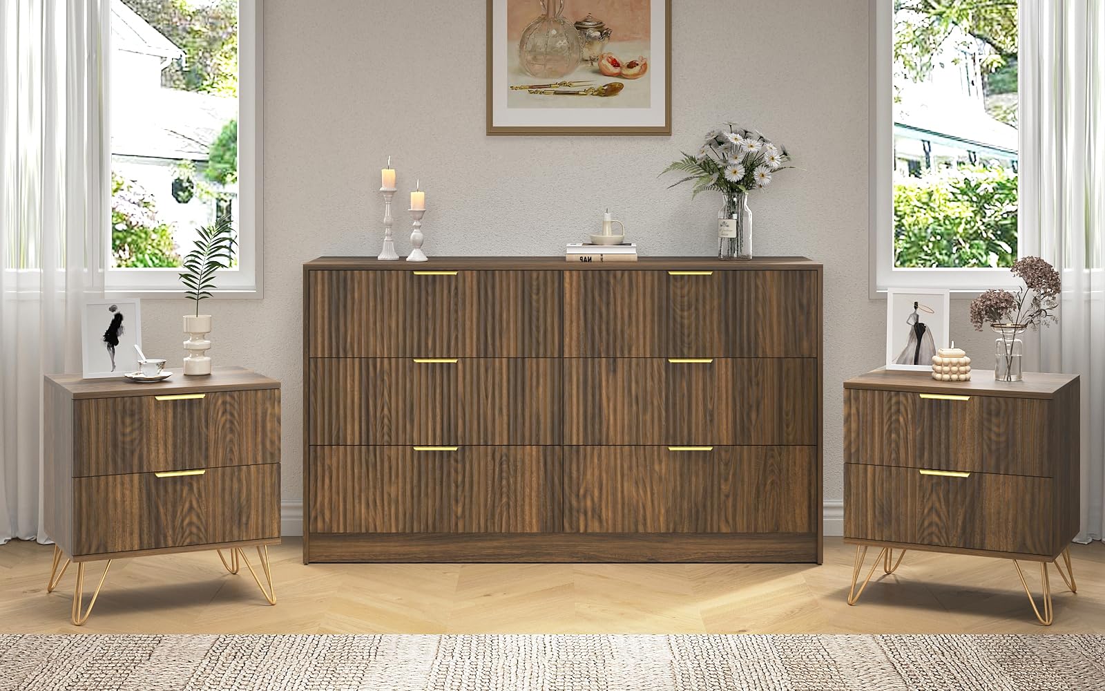 3Pcs White Modern Bedroom Furniture Set, 55" Wide Fluted Dresser + 2 Gold Handle Nightstands