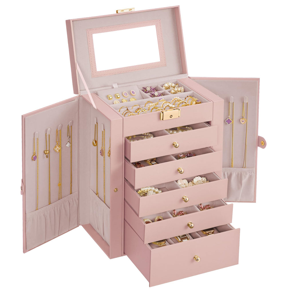 SONGMICS 6-Layer Jewelry Box Organizer with 5 Drawers, Jewelry Storage Case with Lock and Mirror, Large Storage Capacity, Gift for Loved Ones, for Necklaces, Watches, White UJBC152W01