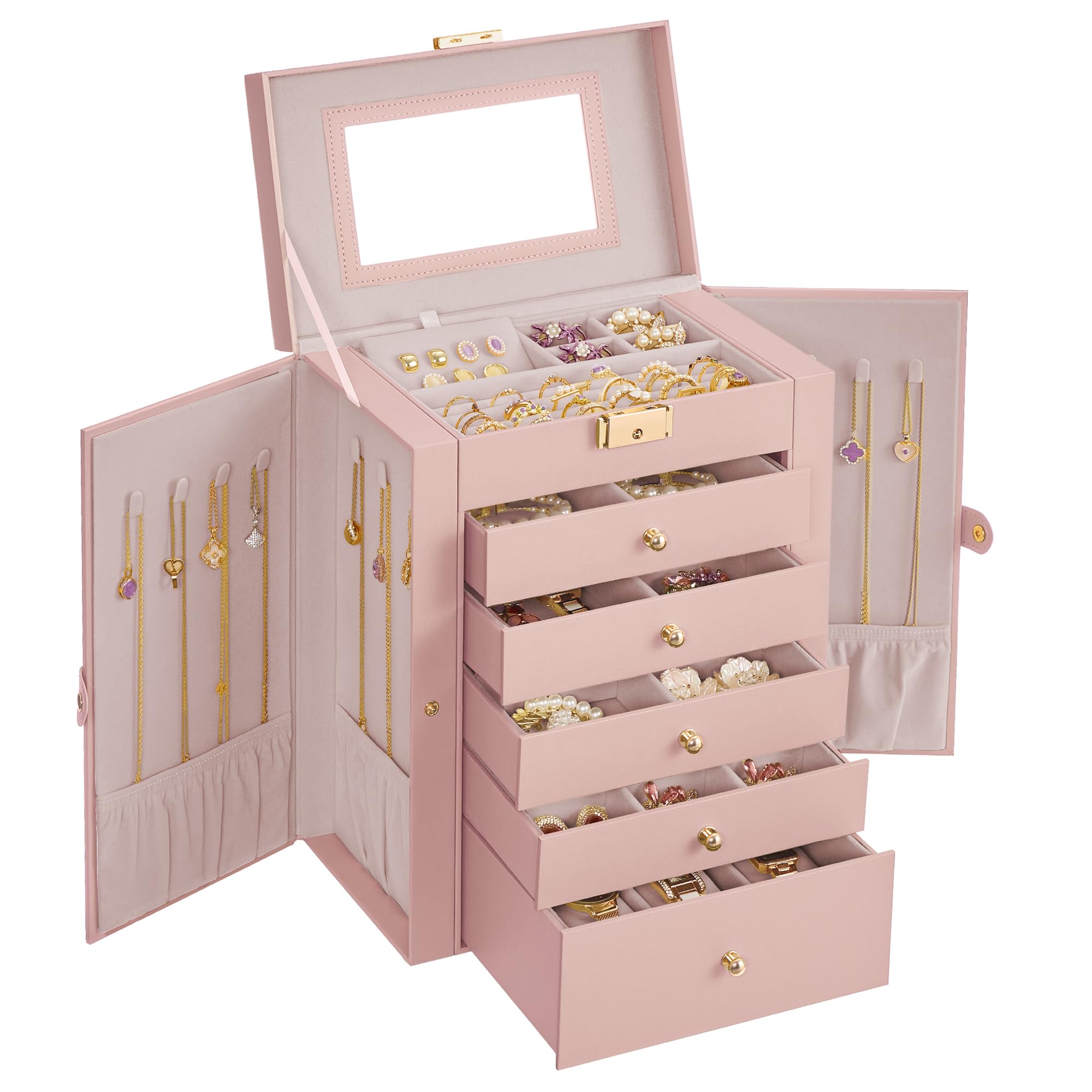 SONGMICS 6-Layer Jewelry Box Organizer with 5 Drawers, Jewelry Storage Case with Lock and Mirror, Large Storage Capacity, Gift for Loved Ones, for Necklaces, Watches, White UJBC152W01