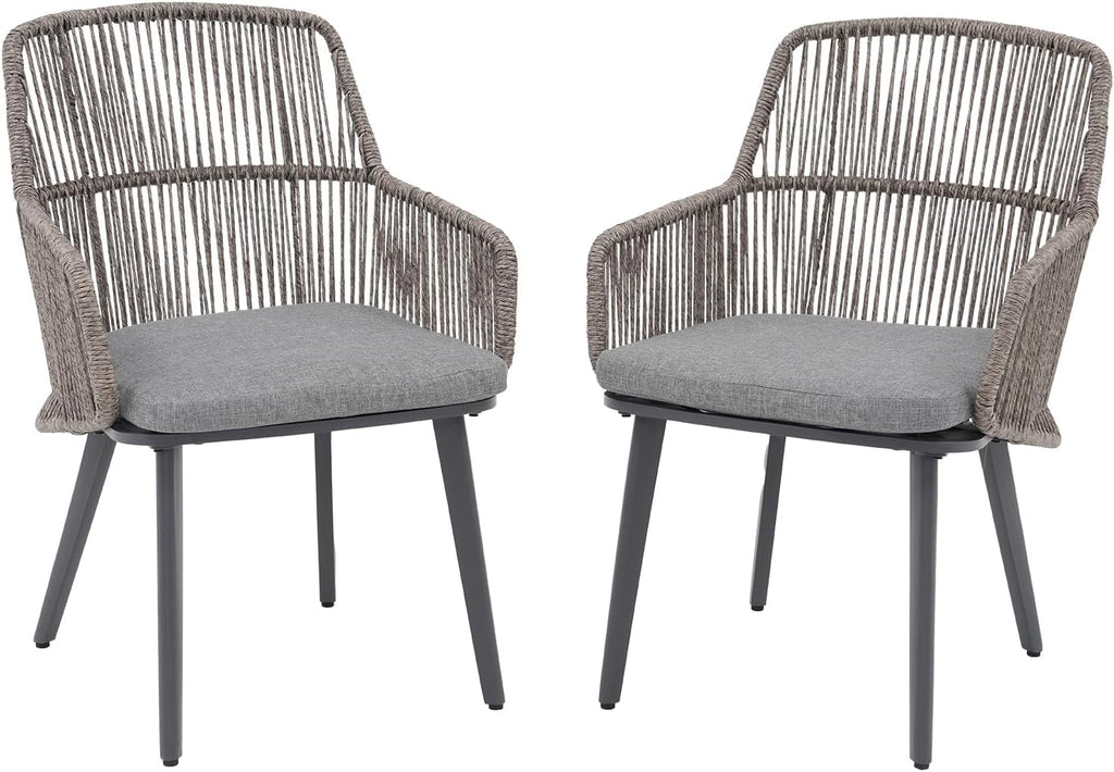 Patiorama Patio Dining Chairs Set of 2, Woven Rope Outdoor Dining Chairs w/Steel Frame, All-Weather Twisted Wicker Rattan Chairs with Armrest & Cushion for Indoor Garden Lawn Backyard(Dark Grey)