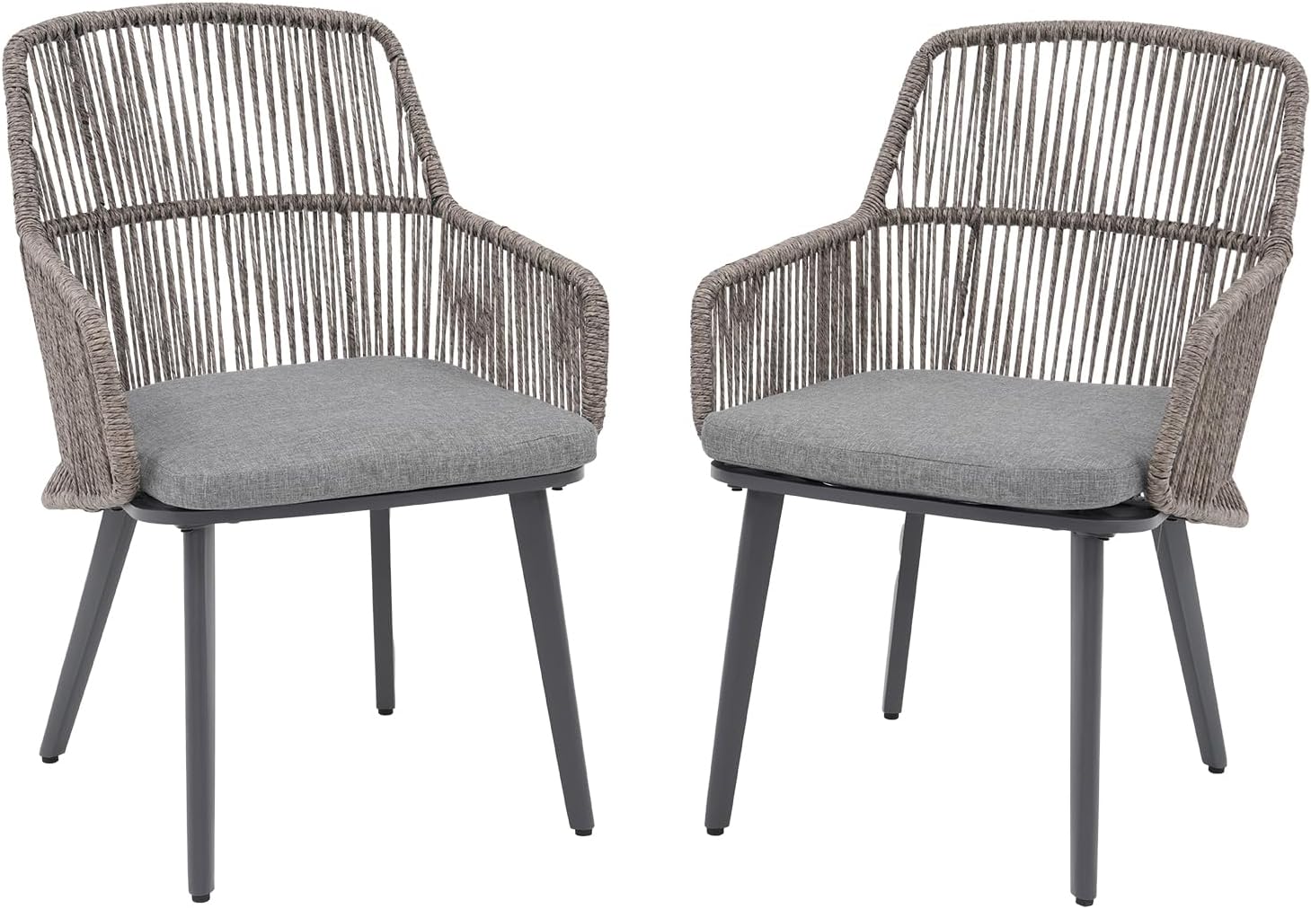 Patiorama Patio Dining Chairs Set of 2, Woven Rope Outdoor Dining Chairs w/Steel Frame, All-Weather Twisted Wicker Rattan Chairs with Armrest & Cushion for Indoor Garden Lawn Backyard(Dark Grey)