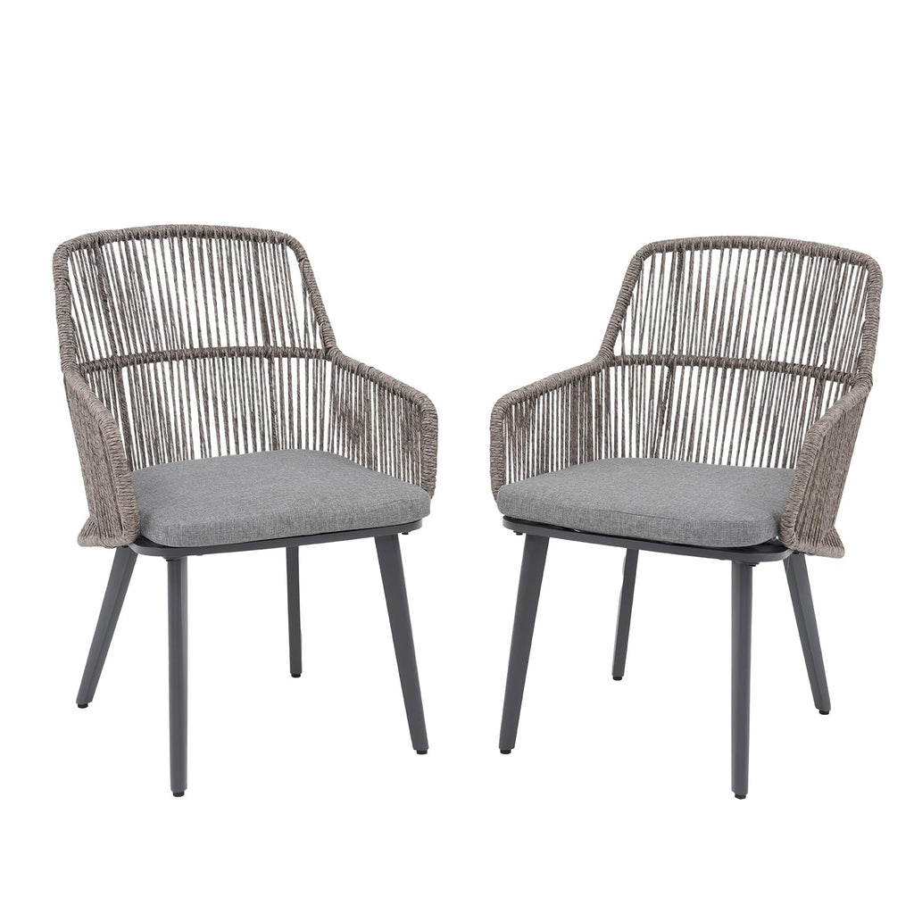 Patiorama Patio Dining Chairs Set of 2, Woven Rope Outdoor Dining Chairs w/Steel Frame, All-Weather Twisted Wicker Rattan Chairs with Armrest & Cushion for Indoor Garden Lawn Backyard(Dark Grey)