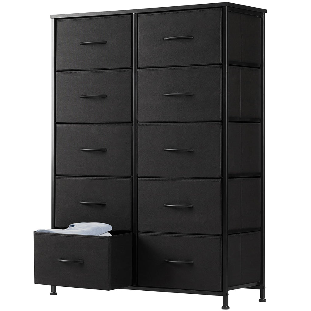 DUMOS Dresser for Bedroom, Storage Organizer with 9 Drawers, Chest of Drawers with Fabric Bins, Sturdy Metal Frame, Wood Tabletop for Guest Room, Closet, Entryway, White