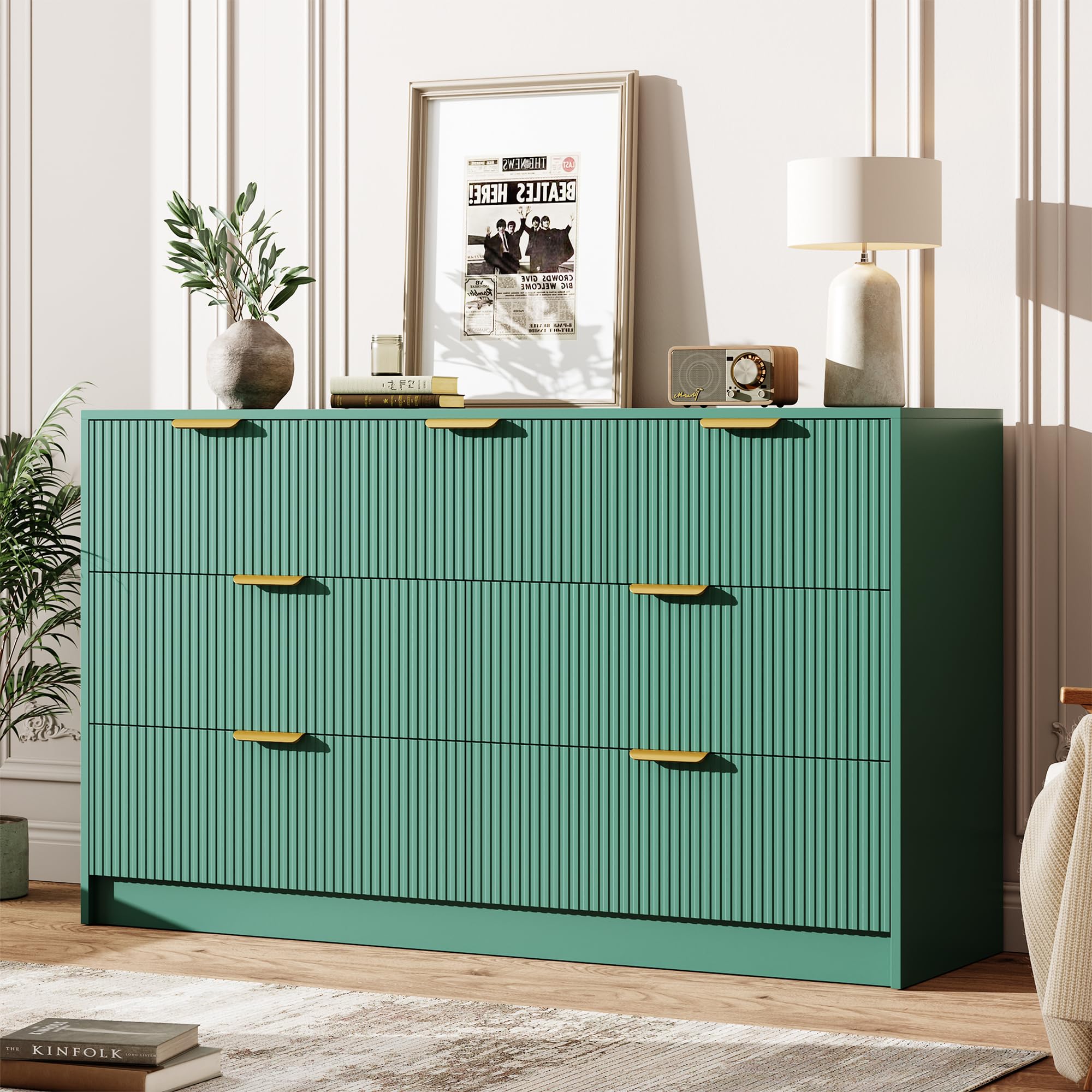 Garvee 6 Drawers Dresser for Bedroom - 54" Wide Modern Fluted Double Chest of Drawers with Golden Metal Handles, Large TV Stand Multi-Function Home Organizer for Living Room, Entryway, Hallway, Black