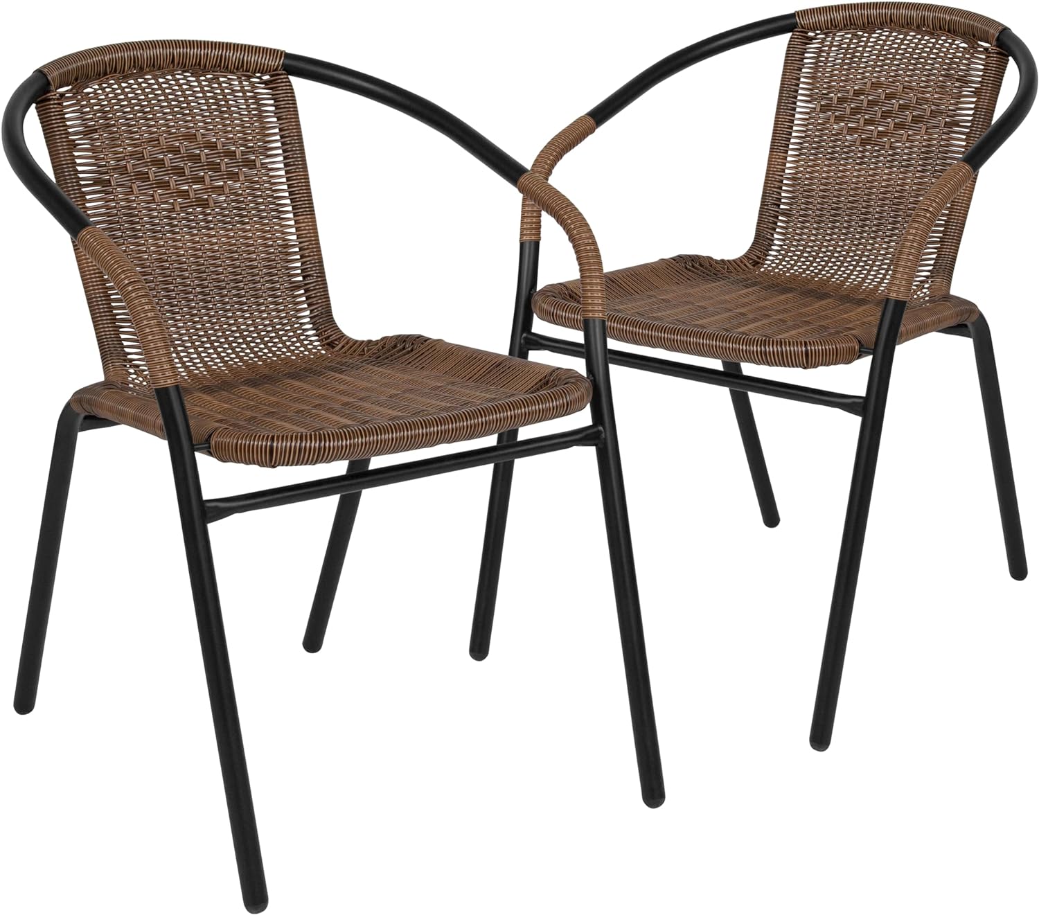 EMMA + OLIVER Set of 2 Modern PE Rattan Stack Chairs, Indoor/Outdoor Patio Dining Chairs, No Assembly Required, Brown