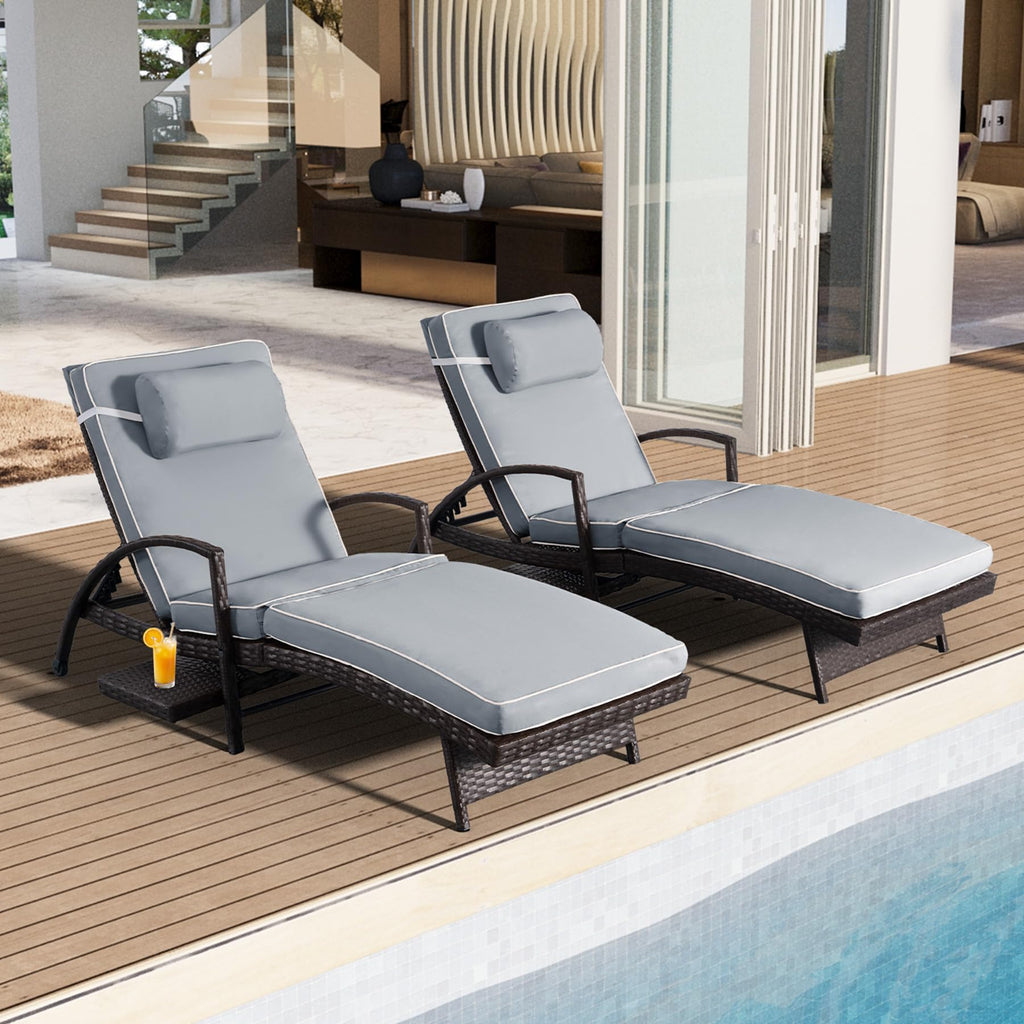Chaise Lounge Chairs Set of 2, 6-Position Adjustable Outdoor Recliner with Side Table & Wheel,All-Weather PE Rattan Wicker Patio Lounge Chair With Removable Cushion for Poolside Backyard Beach (Beige)